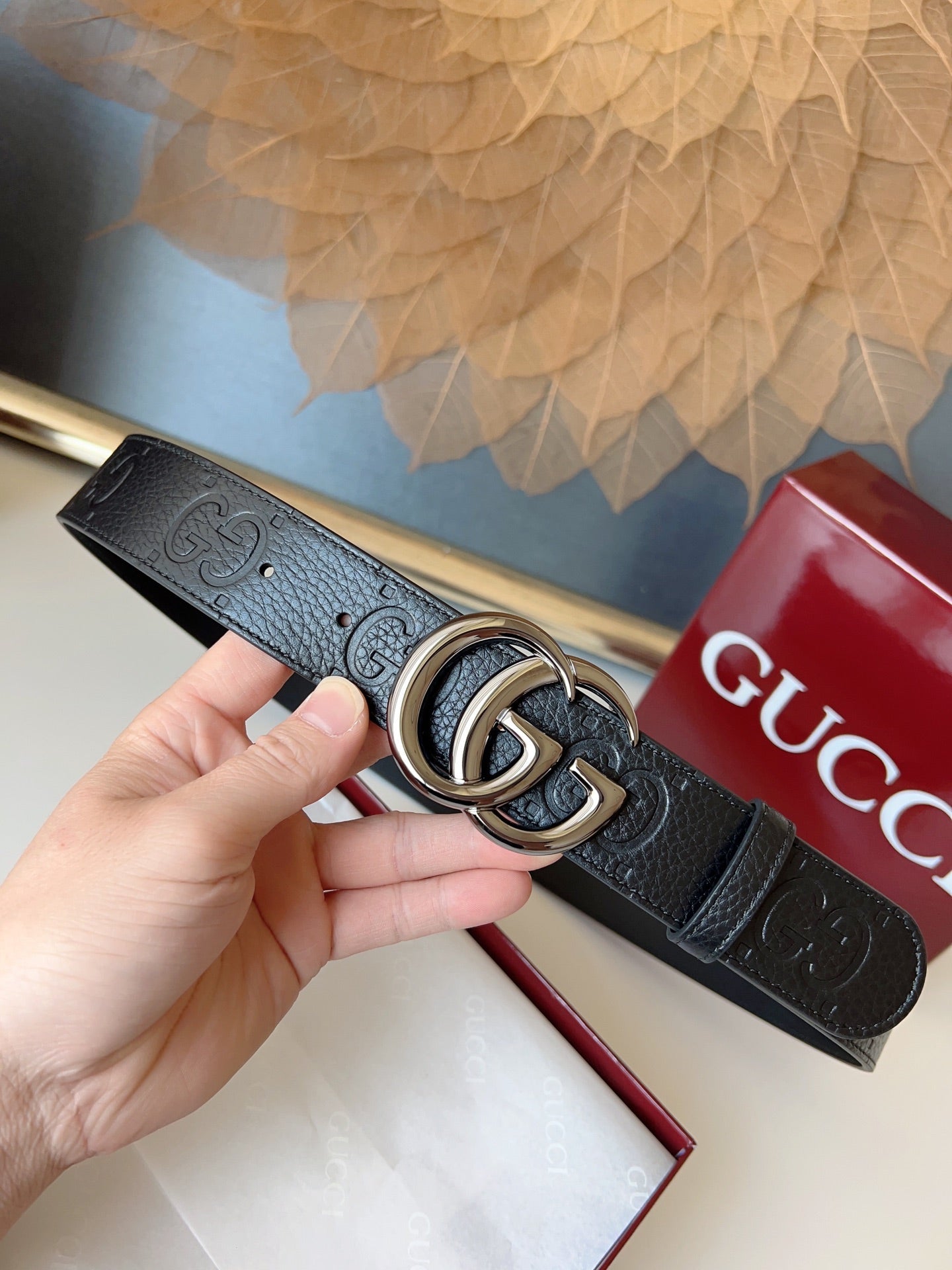 DOUBLE G MARMONT BLUNT COPPER BUCKLE 37MM BLACK  EMBOSSED LEATHER