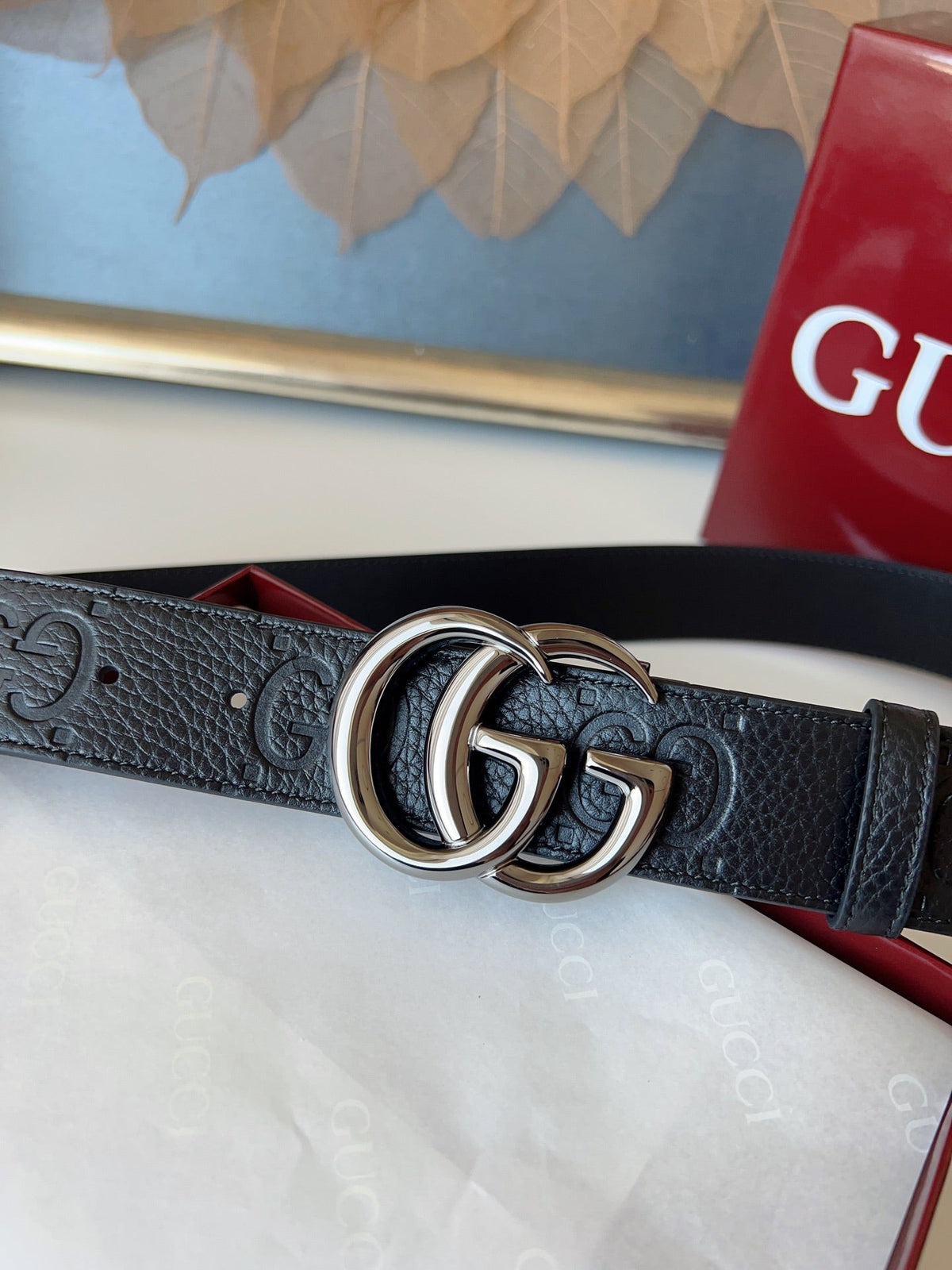 DOUBLE G MARMONT BLUNT COPPER BUCKLE 37MM BLACK  EMBOSSED LEATHER