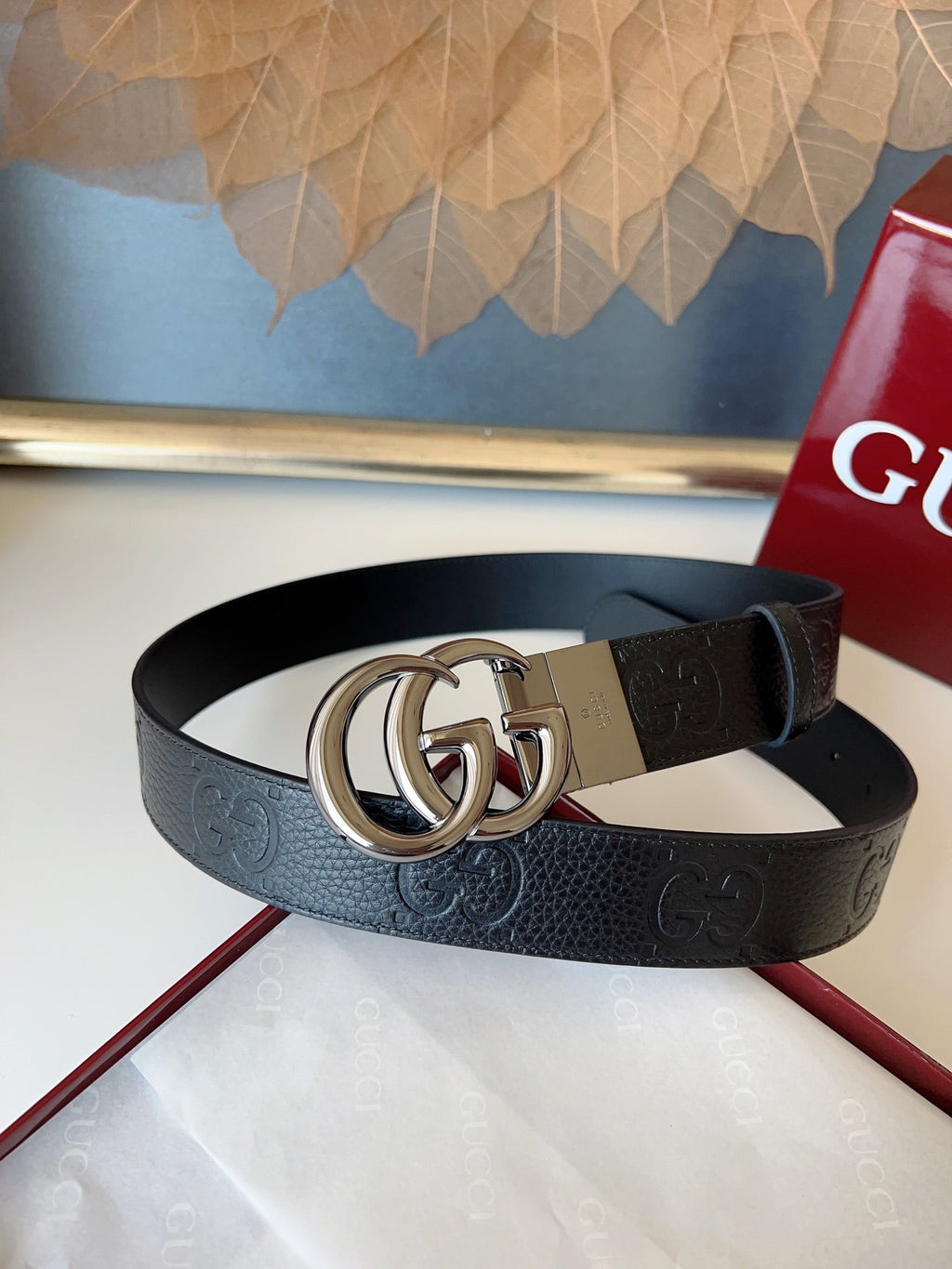 DOUBLE G MARMONT BLUNT COPPER BUCKLE 37MM BLACK  EMBOSSED LEATHER