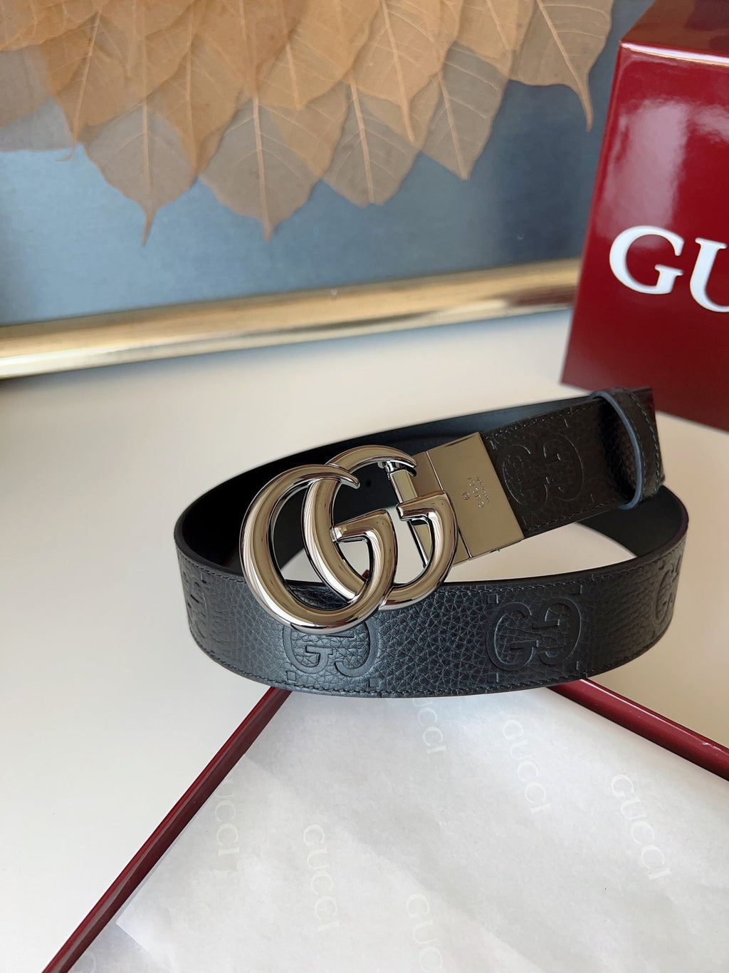 DOUBLE G MARMONT BLUNT COPPER BUCKLE 37MM BLACK  EMBOSSED LEATHER