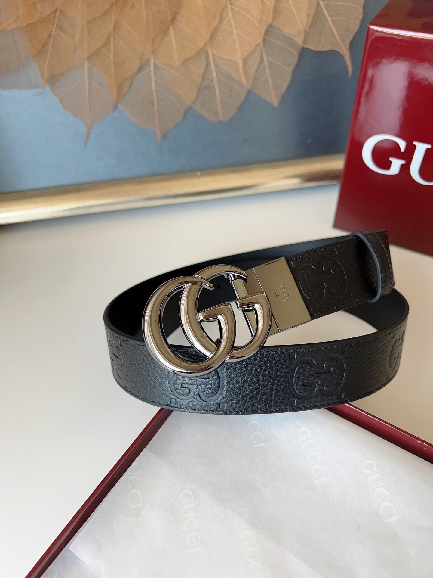DOUBLE G MARMONT BLUNT COPPER BUCKLE 37MM BLACK  EMBOSSED LEATHER