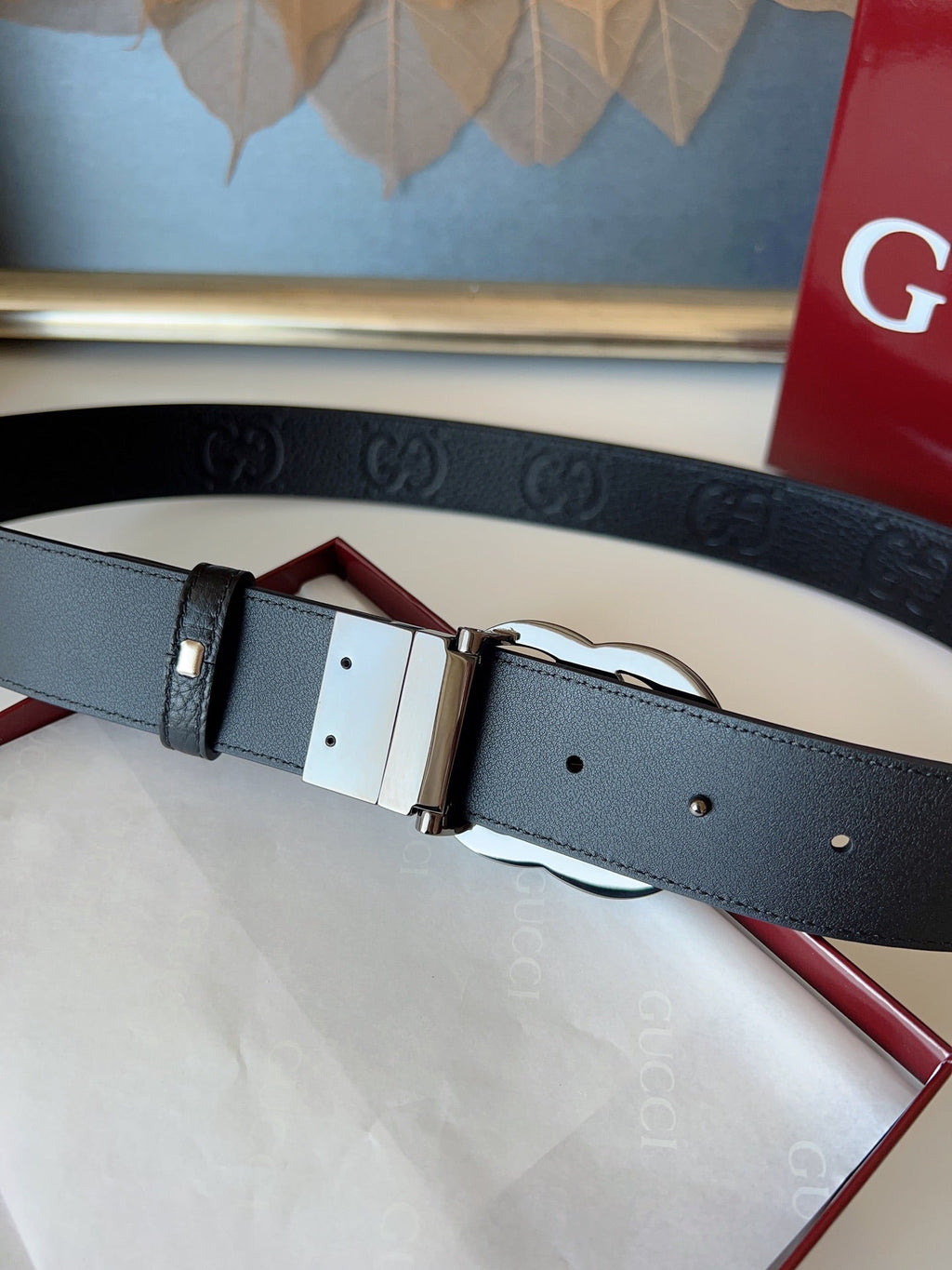 DOUBLE G MARMONT BLUNT COPPER BUCKLE 37MM BLACK  EMBOSSED LEATHER