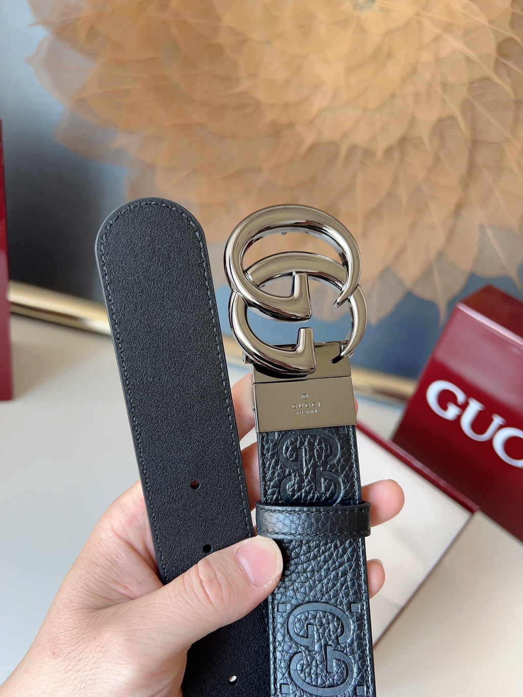 DOUBLE G MARMONT BLUNT COPPER BUCKLE 37MM BLACK  EMBOSSED LEATHER