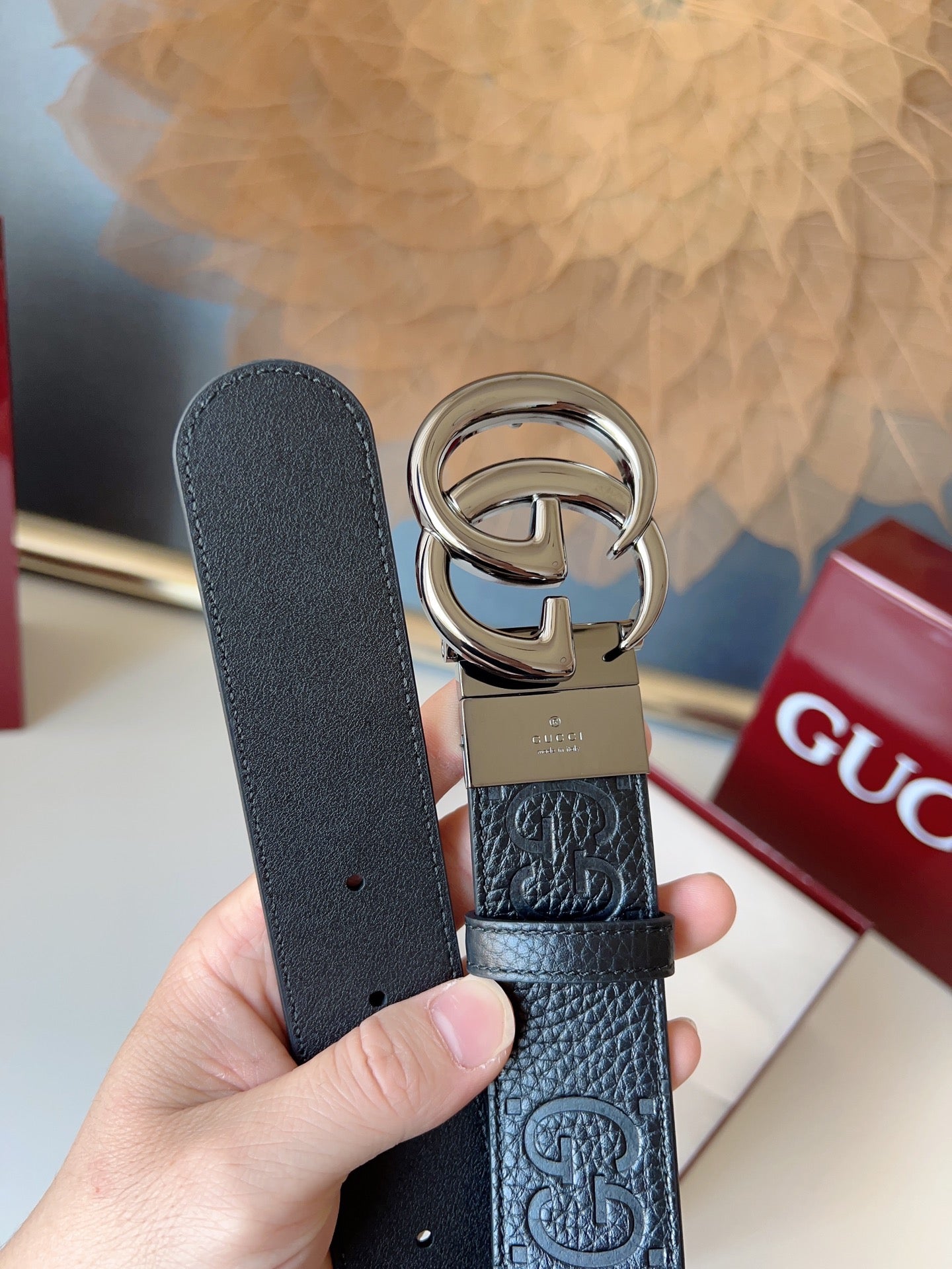 DOUBLE G MARMONT BLUNT COPPER BUCKLE 37MM BLACK  EMBOSSED LEATHER