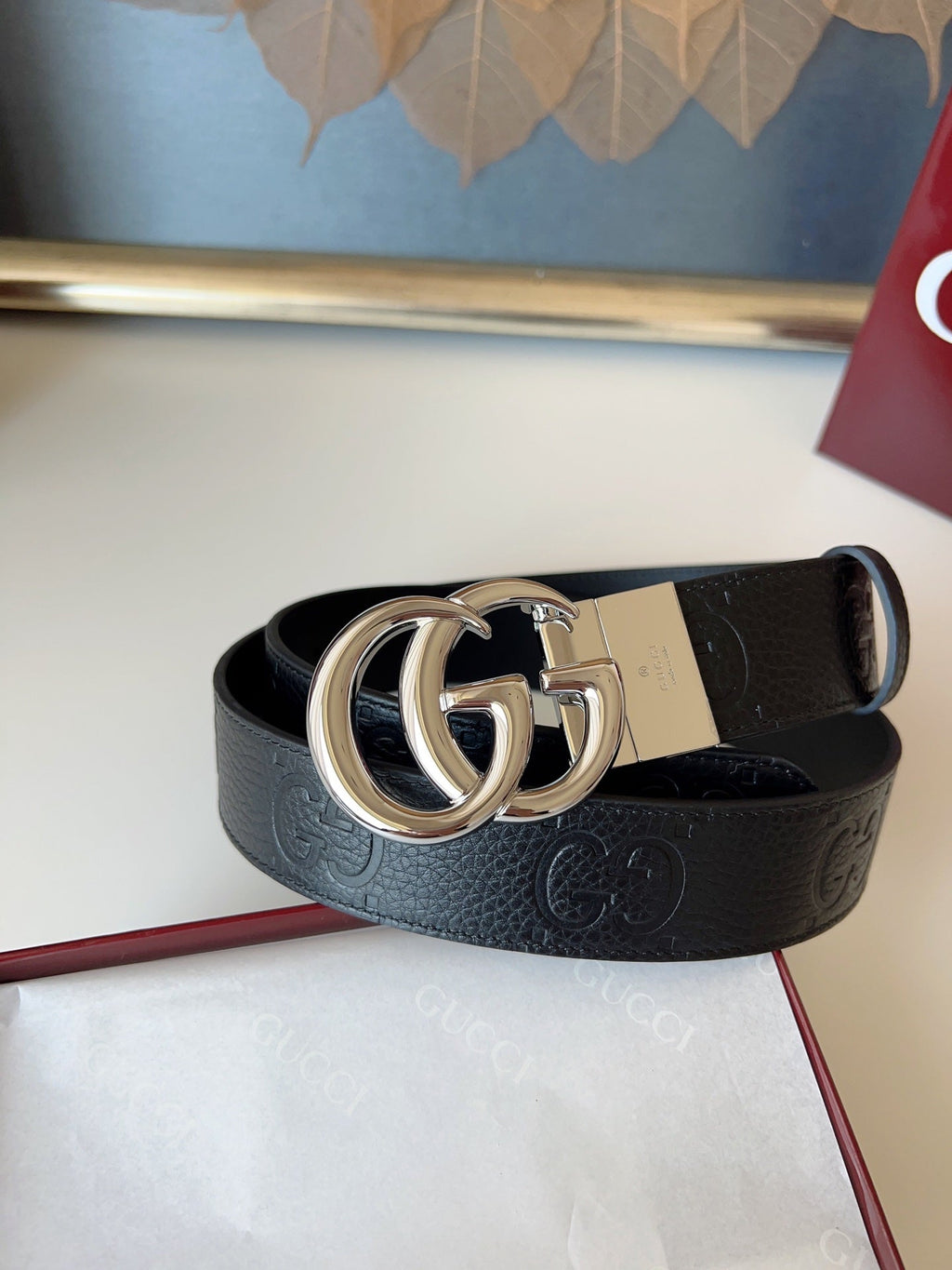 DOUBLE G MARMONT SHINY SLIVER BUCKLE 37MM BLACK  EMBOSSED LEATHER