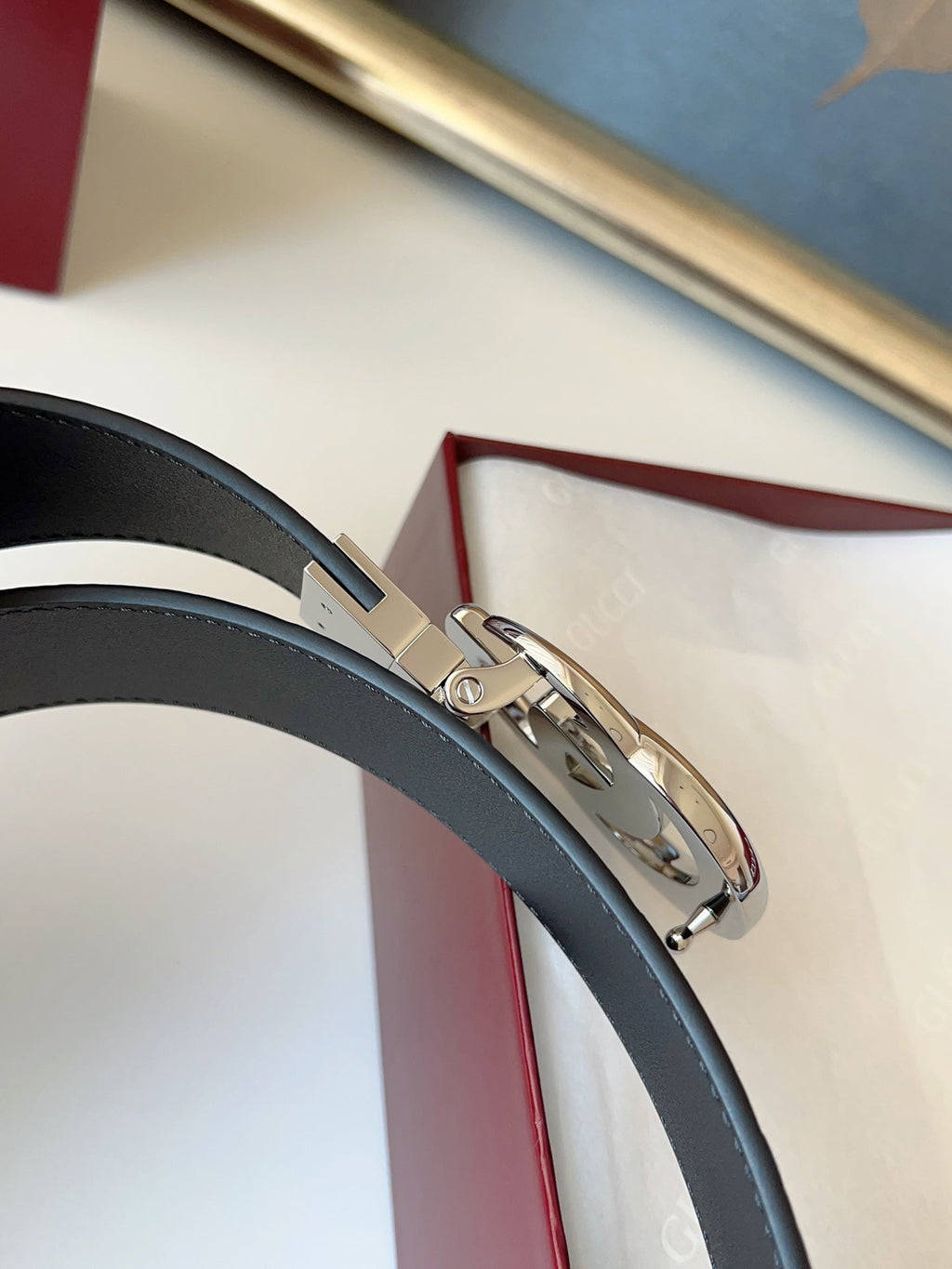 DOUBLE G MARMONT SHINY SLIVER BUCKLE 37MM BLACK  EMBOSSED LEATHER