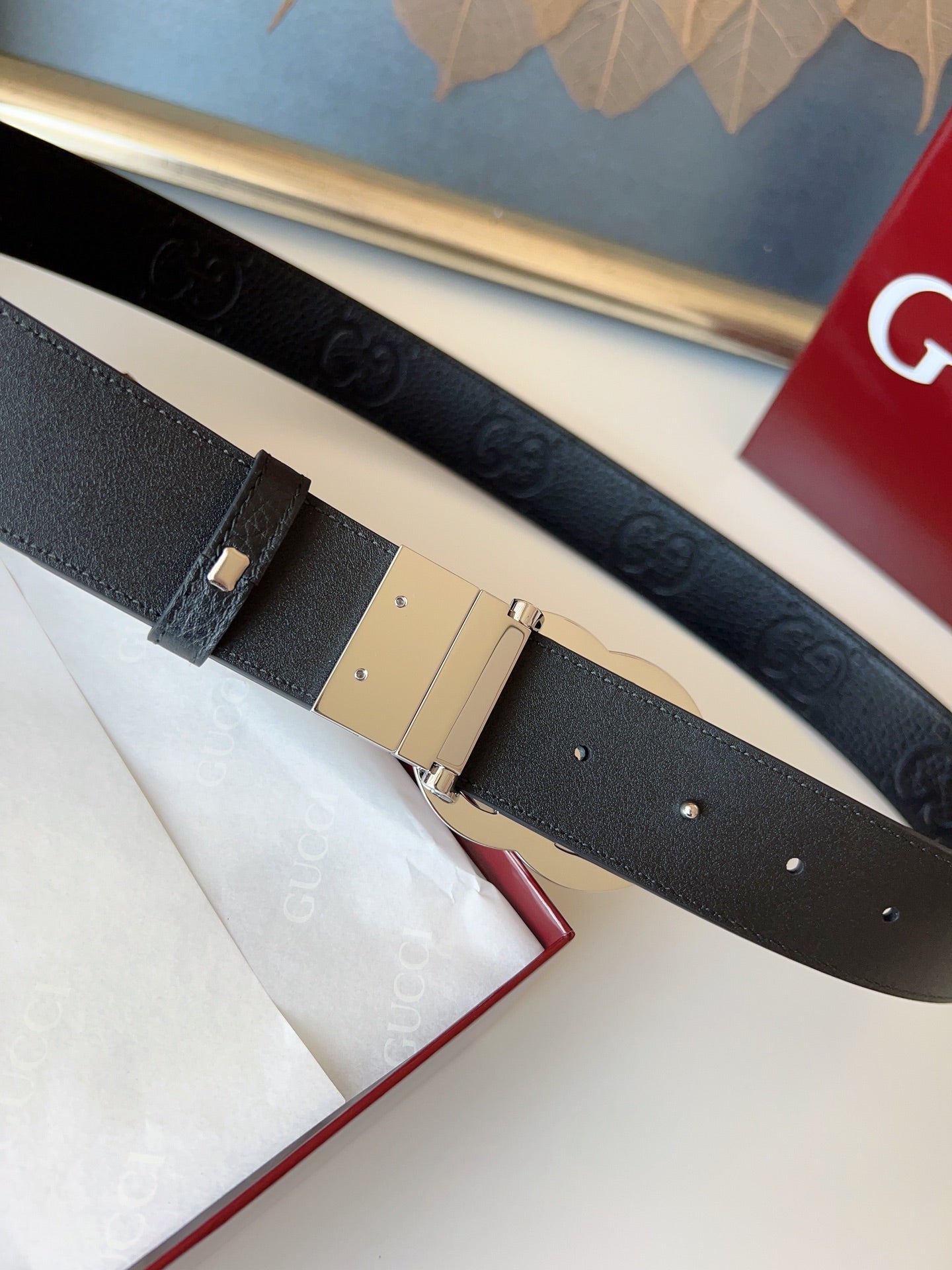 DOUBLE G MARMONT SHINY SLIVER BUCKLE 37MM BLACK  EMBOSSED LEATHER