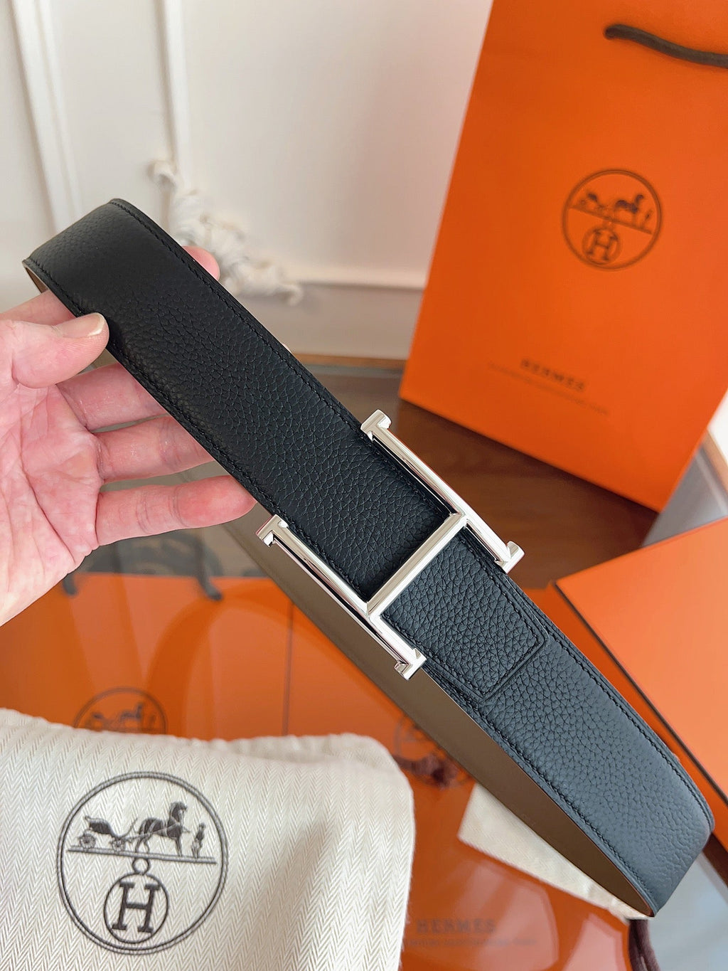 HM H d'Ancre Belt Sliver HW Buckle & Reversible Leather Strap Togo Lychee Cowhide