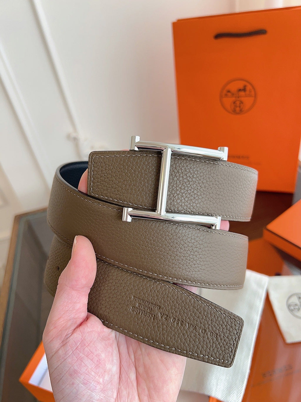 HM H d'Ancre Belt Sliver HW Buckle & Reversible Leather Strap Togo Lychee Cowhide