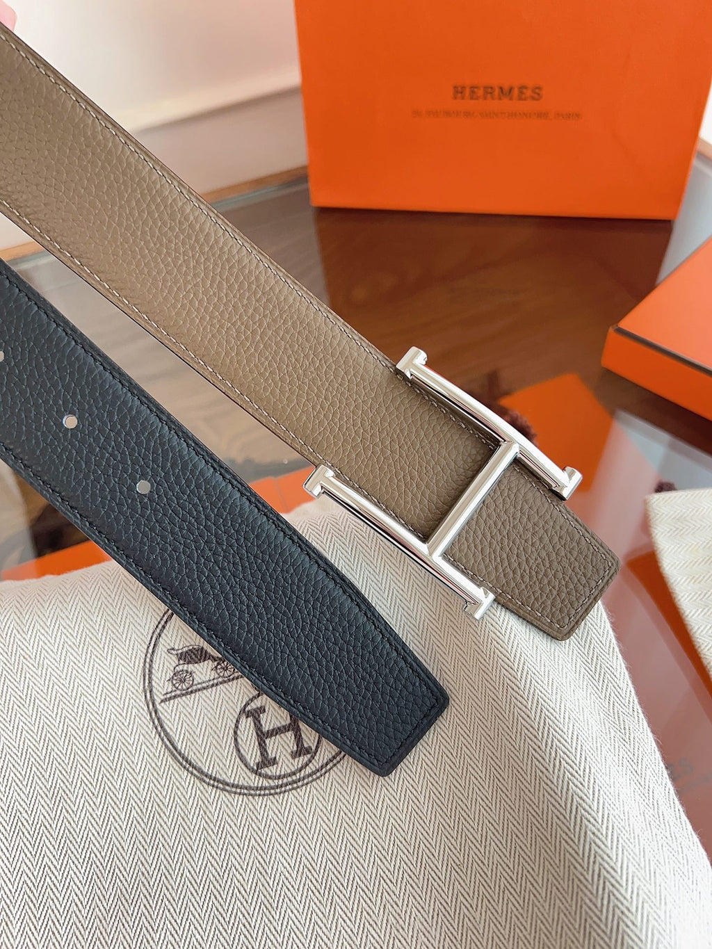 HM H d'Ancre Belt Sliver HW Buckle & Reversible Leather Strap Togo Lychee Cowhide