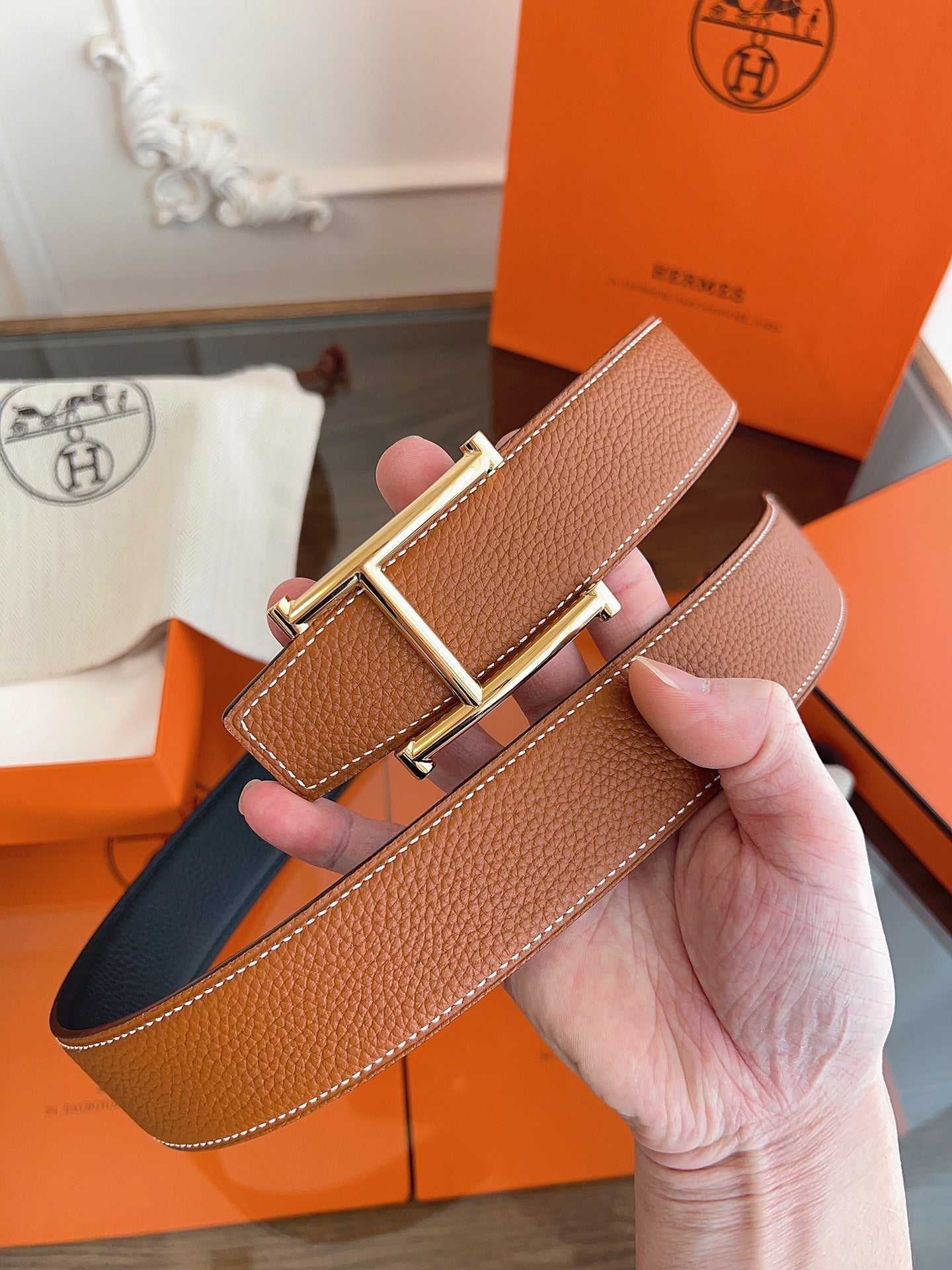 HM H d'Ancre Belt Gold HW Buckle & Reversible Leather Strap Togo Lychee Cowhide