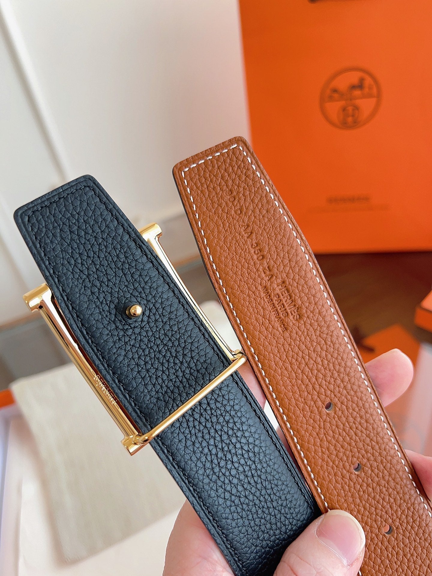HM H d'Ancre Belt Gold HW Buckle & Reversible Leather Strap Togo Lychee Cowhide