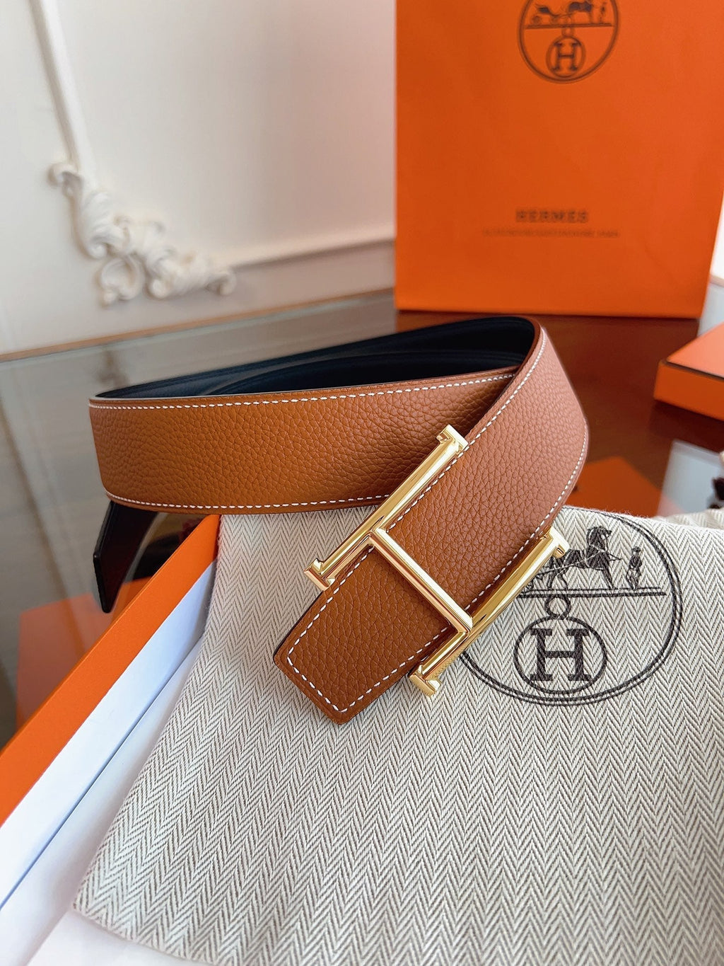 HM H d'Ancre Belt Gold HW Buckle & Reversible Leather Strap Togo Lychee Cowhide