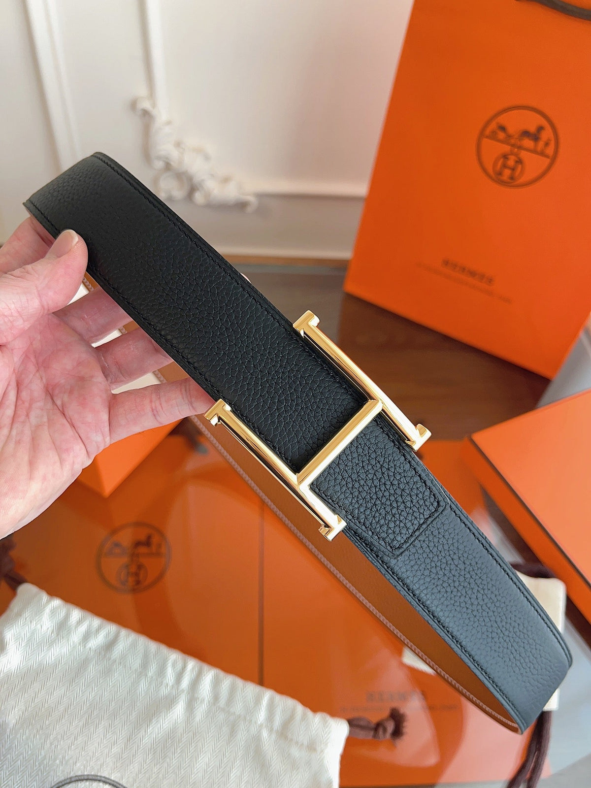HM H d'Ancre Belt Gold HW Buckle & Reversible Leather Strap Togo Lychee Cowhide