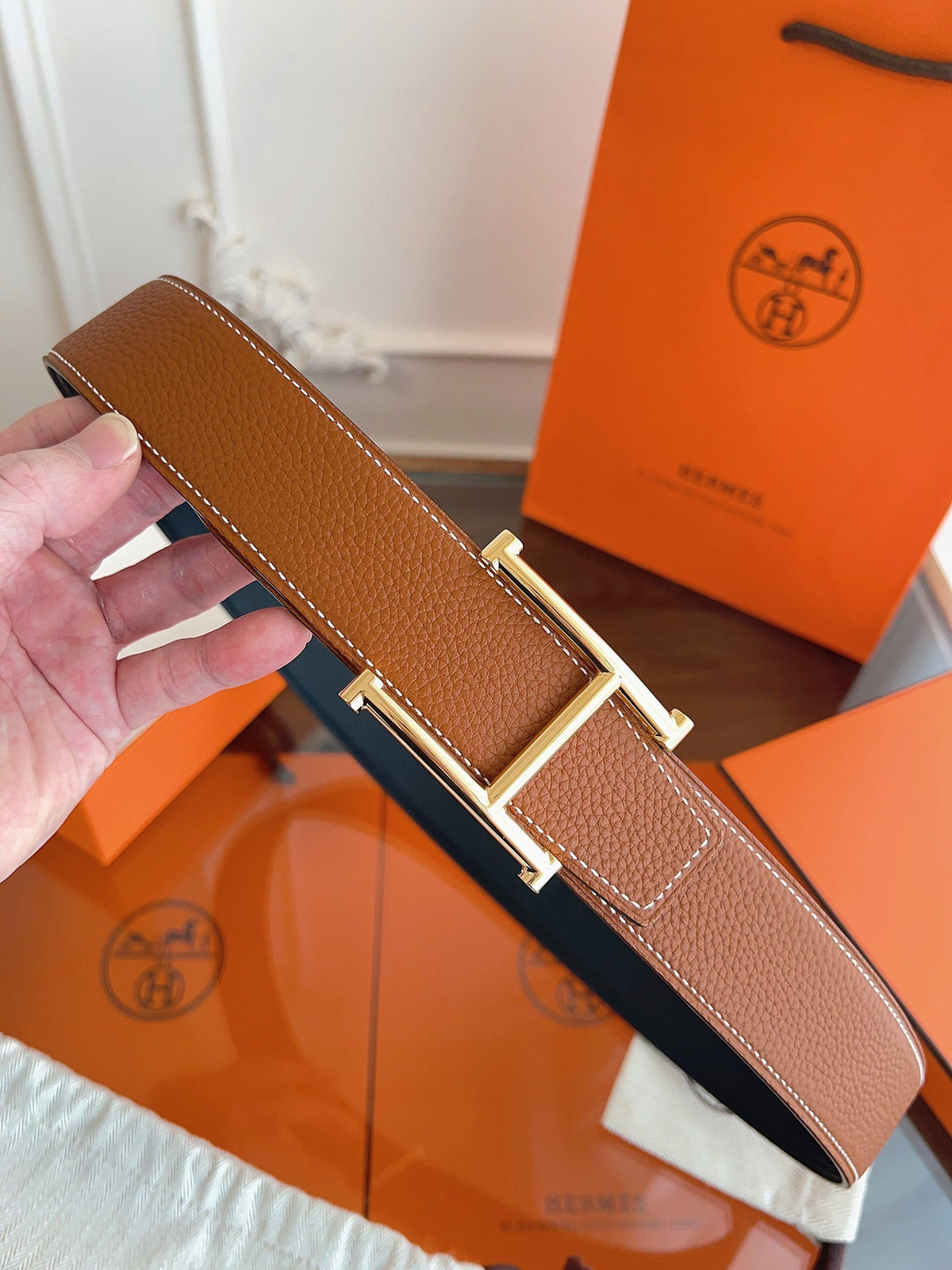 HM H d'Ancre Belt Gold HW Buckle & Reversible Leather Strap Togo Lychee Cowhide