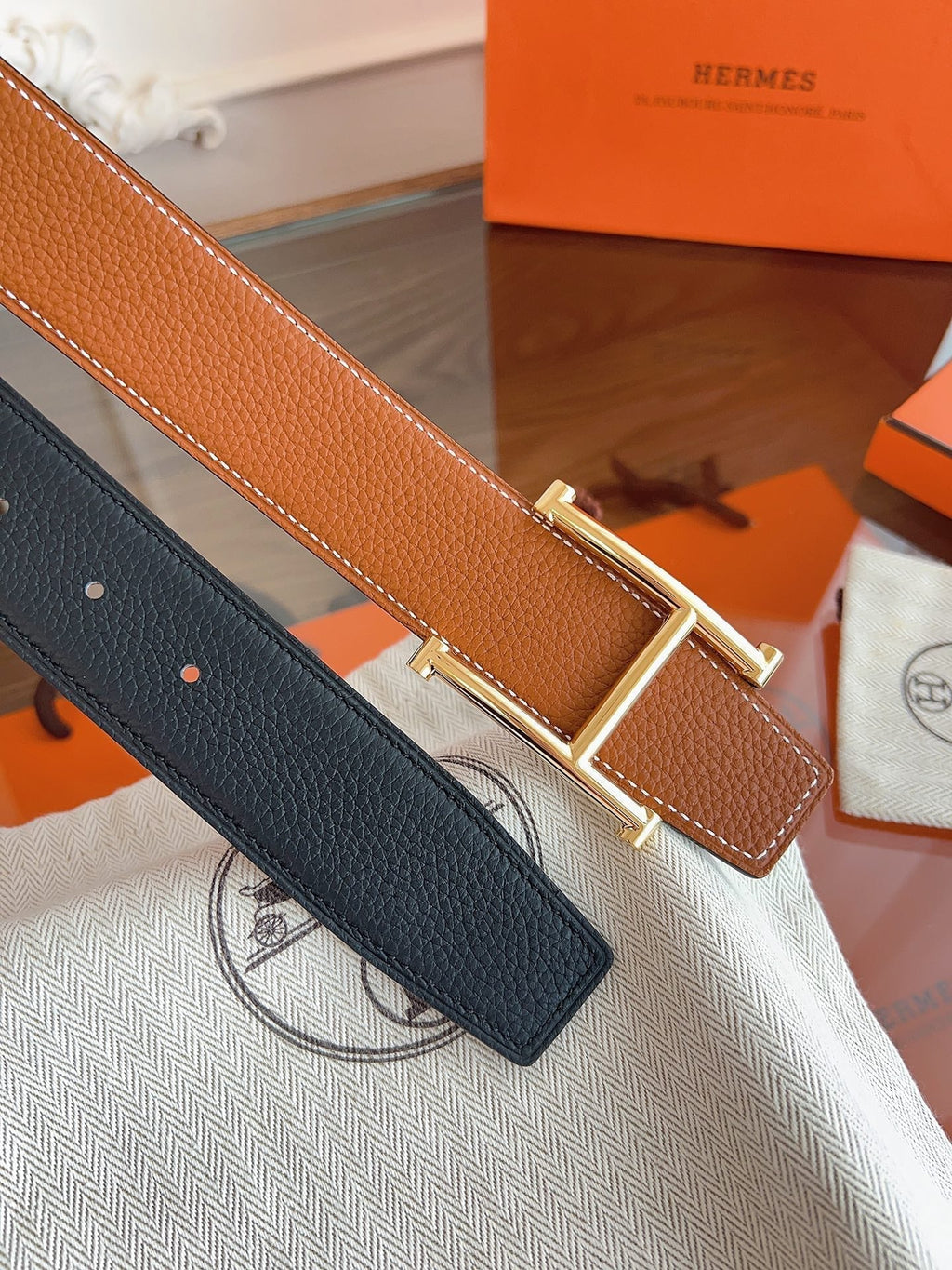 HM H d'Ancre Belt Gold HW Buckle & Reversible Leather Strap Togo Lychee Cowhide