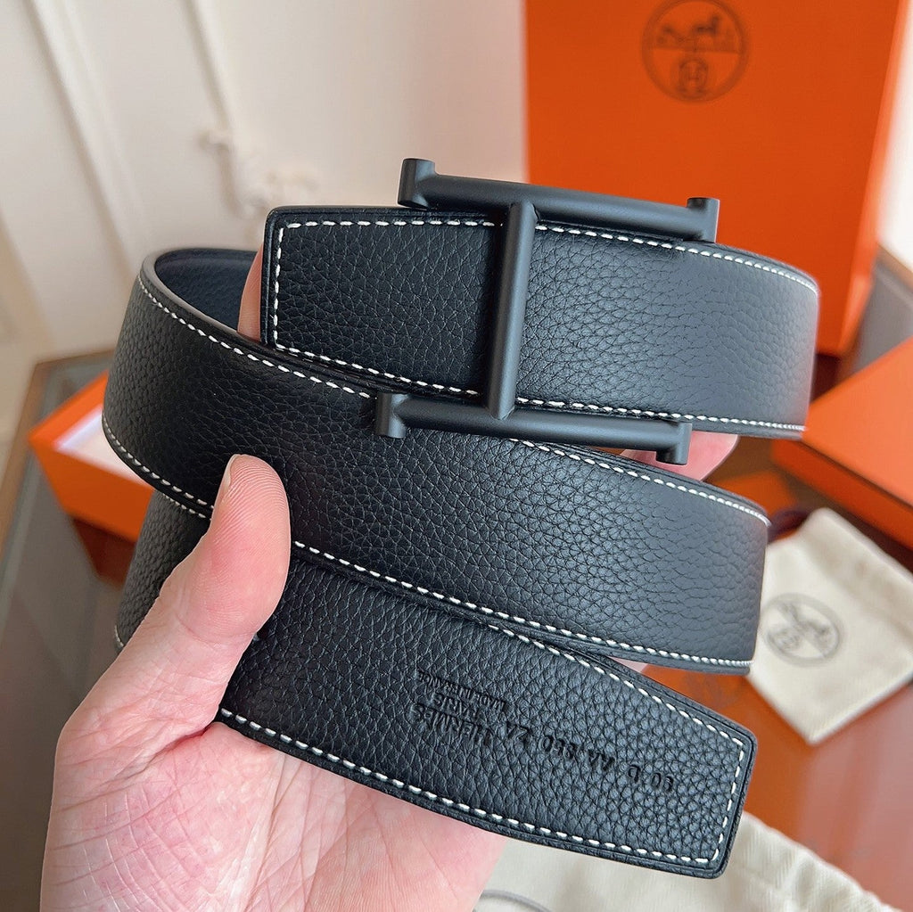 HM H d'Ancre Belt Black HW Buckle & Reversible Leather Strap Togo Lychee Cowhide