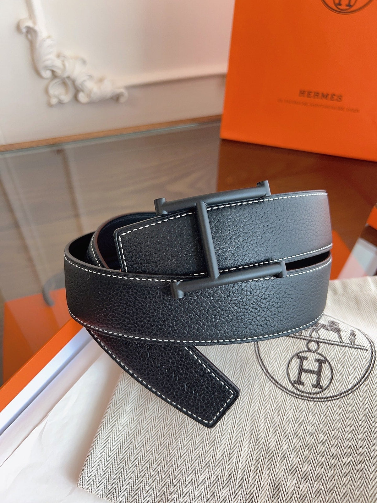 HM H d'Ancre Belt Black HW Buckle & Reversible Leather Strap Togo Lychee Cowhide