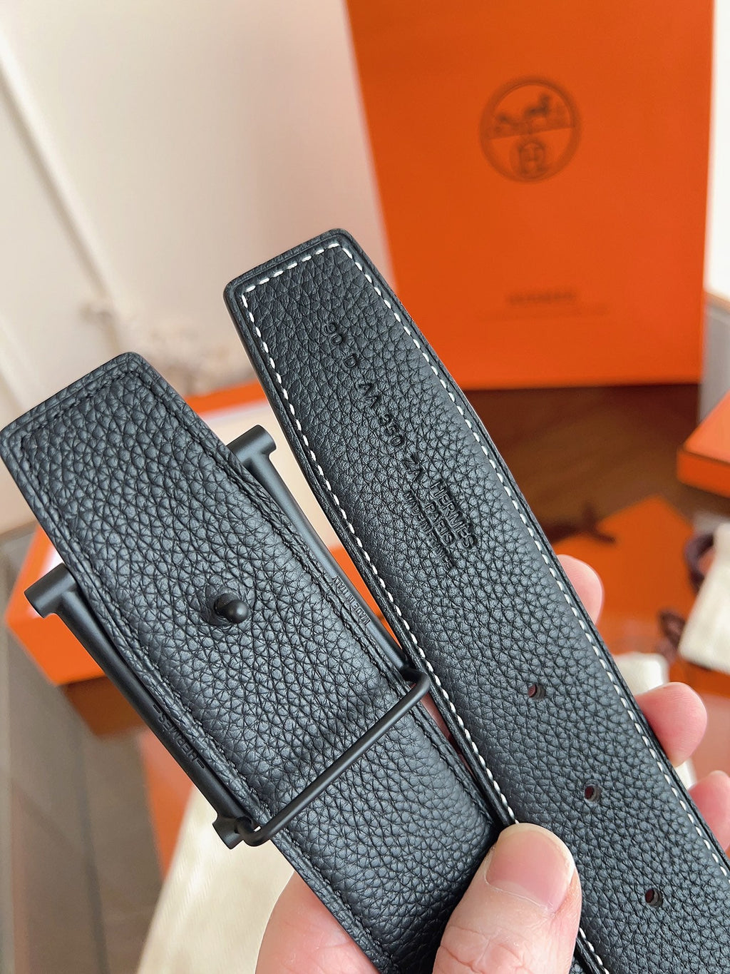 HM H d'Ancre Belt Black HW Buckle & Reversible Leather Strap Togo Lychee Cowhide