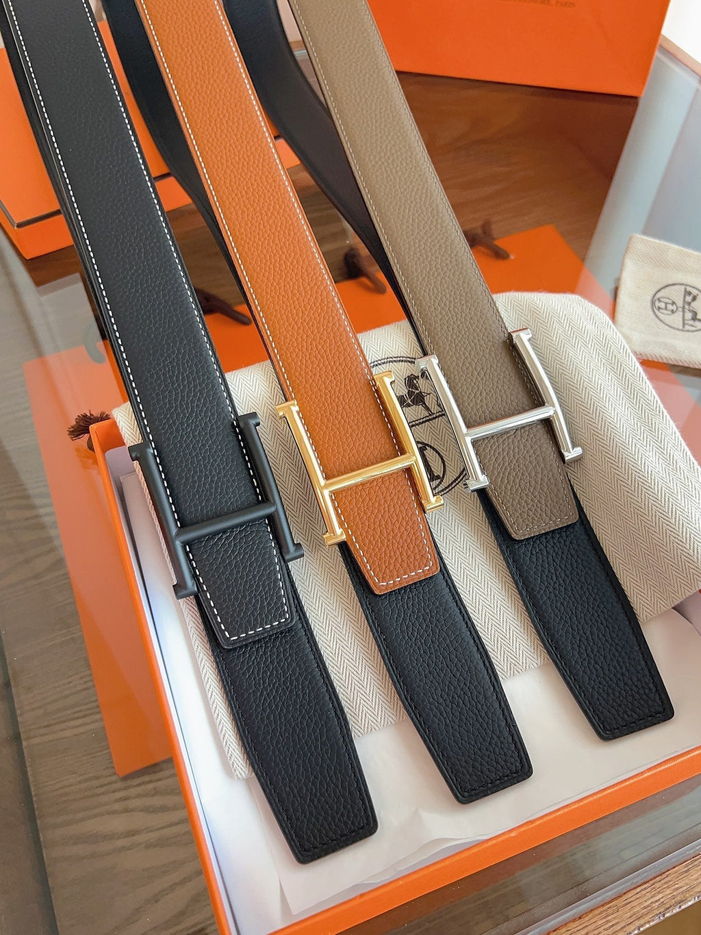 HM H d'Ancre Belt Black HW Buckle & Reversible Leather Strap Togo Lychee Cowhide