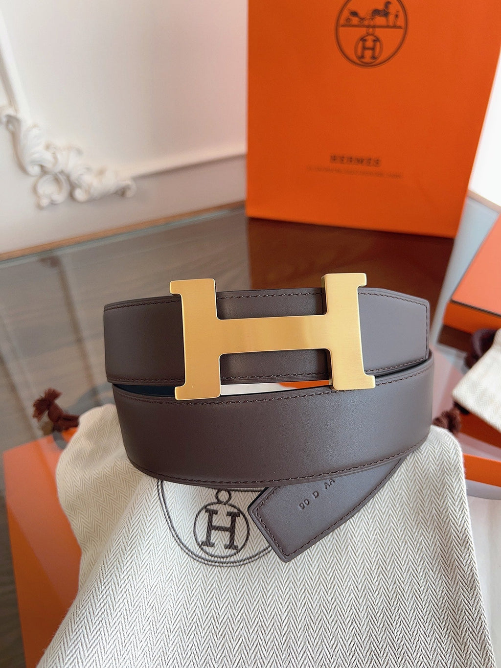 HM Constance Reversible Gold HW H Buckle Belt Brown Calfskin 194331