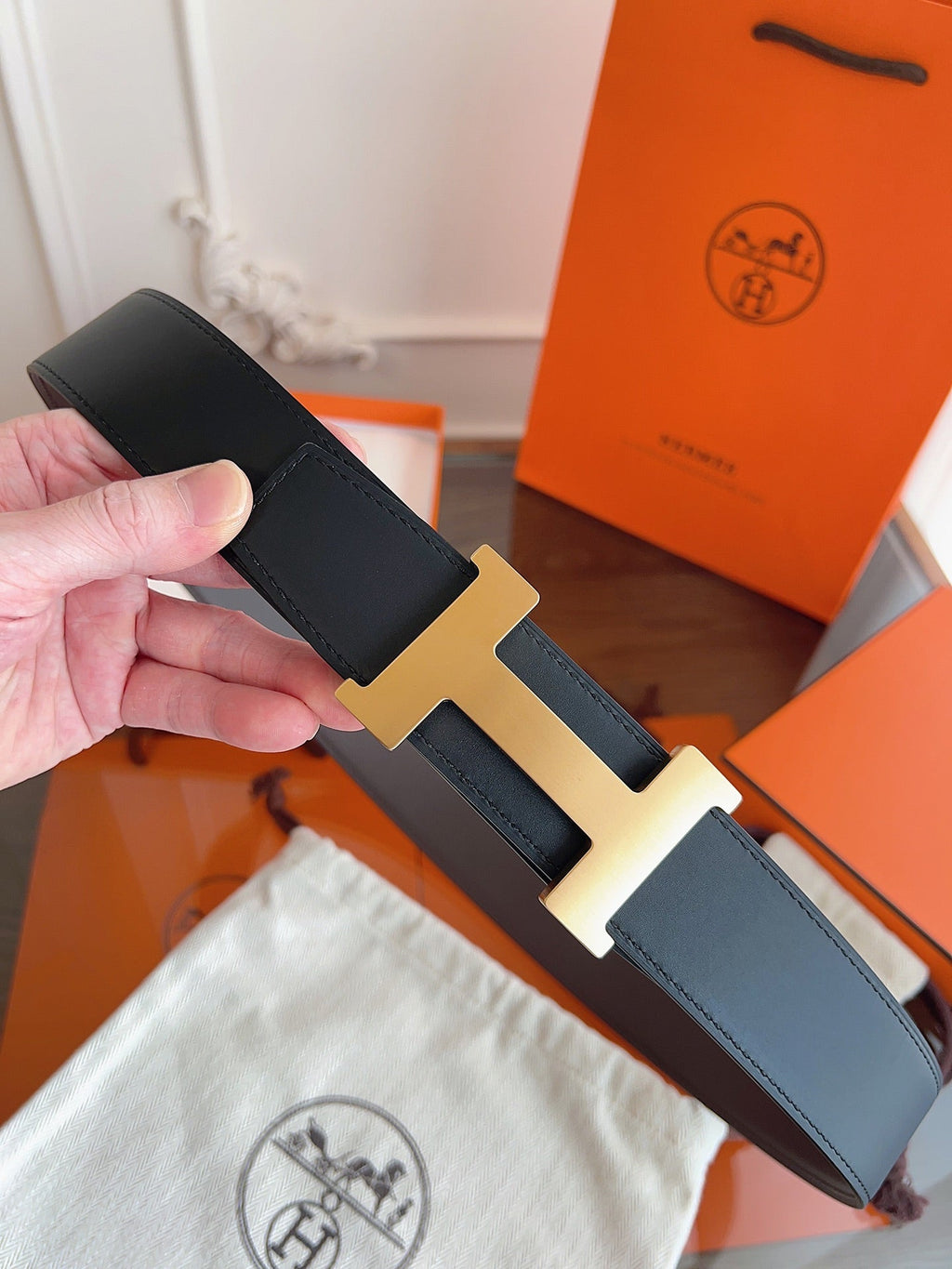 HM Constance Reversible Gold HW H Buckle Belt Brown Calfskin 194331