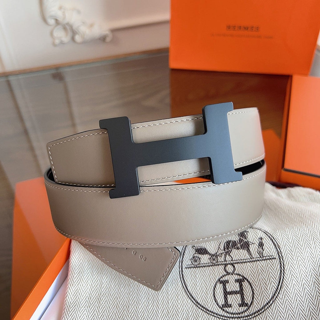 HM Constance Reversible Black HW H Buckle Belt Taupe Calfskin 194332