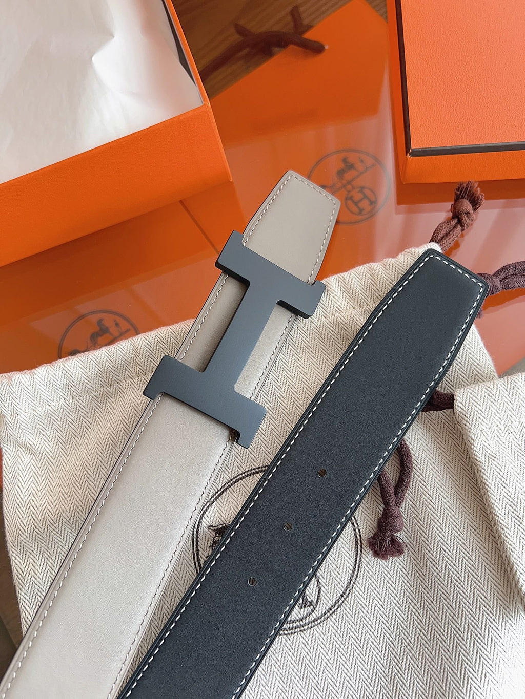 HM Constance Reversible Black HW H Buckle Belt Taupe Calfskin 194332