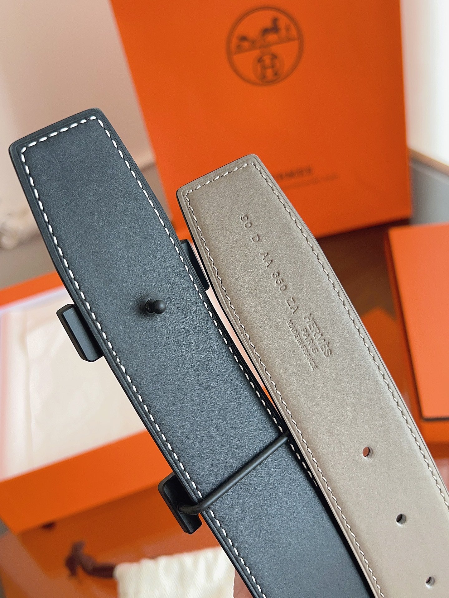 HM Constance Reversible Black HW H Buckle Belt Taupe Calfskin 194332