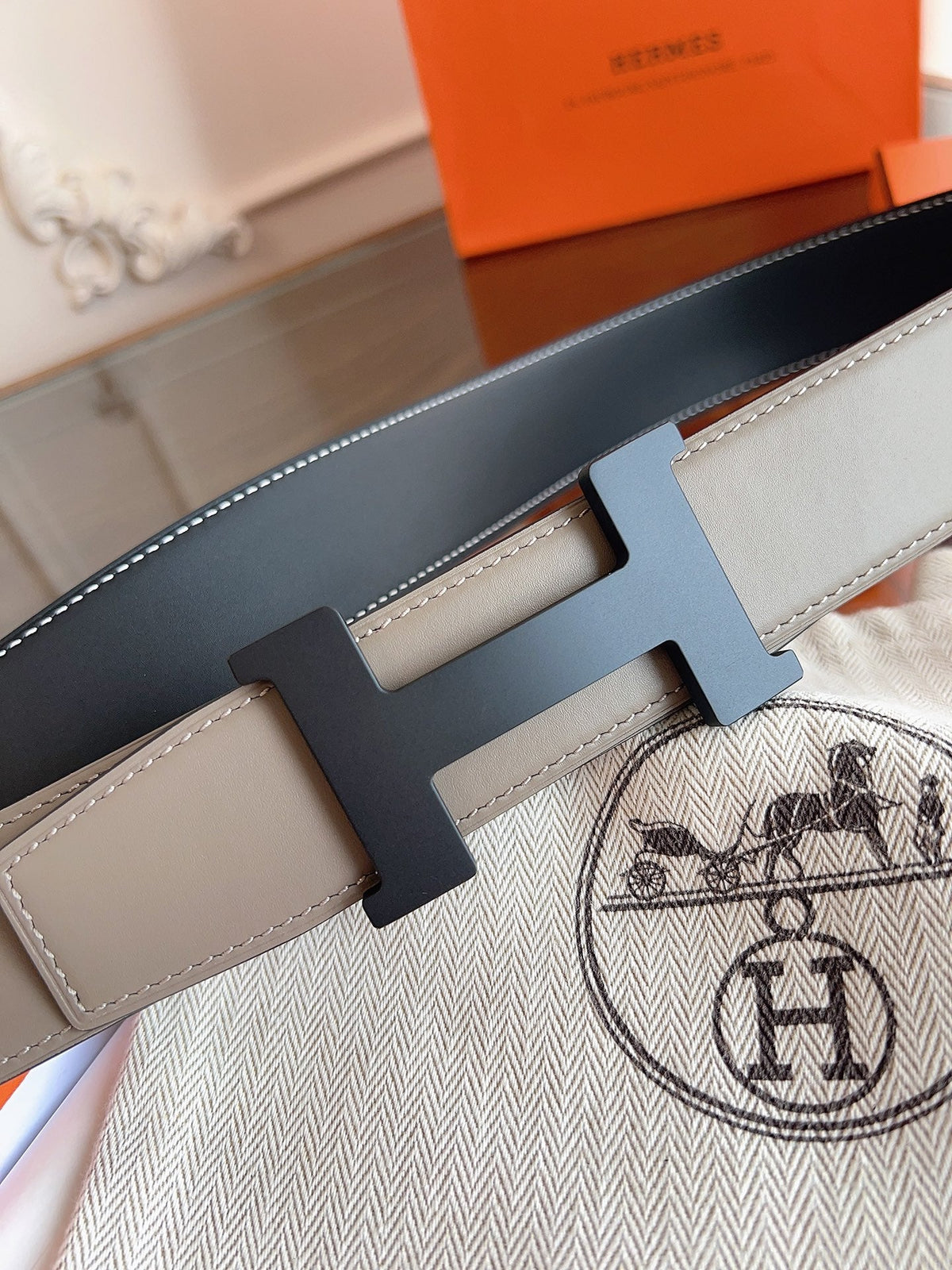 HM Constance Reversible Black HW H Buckle Belt Taupe Calfskin 194332