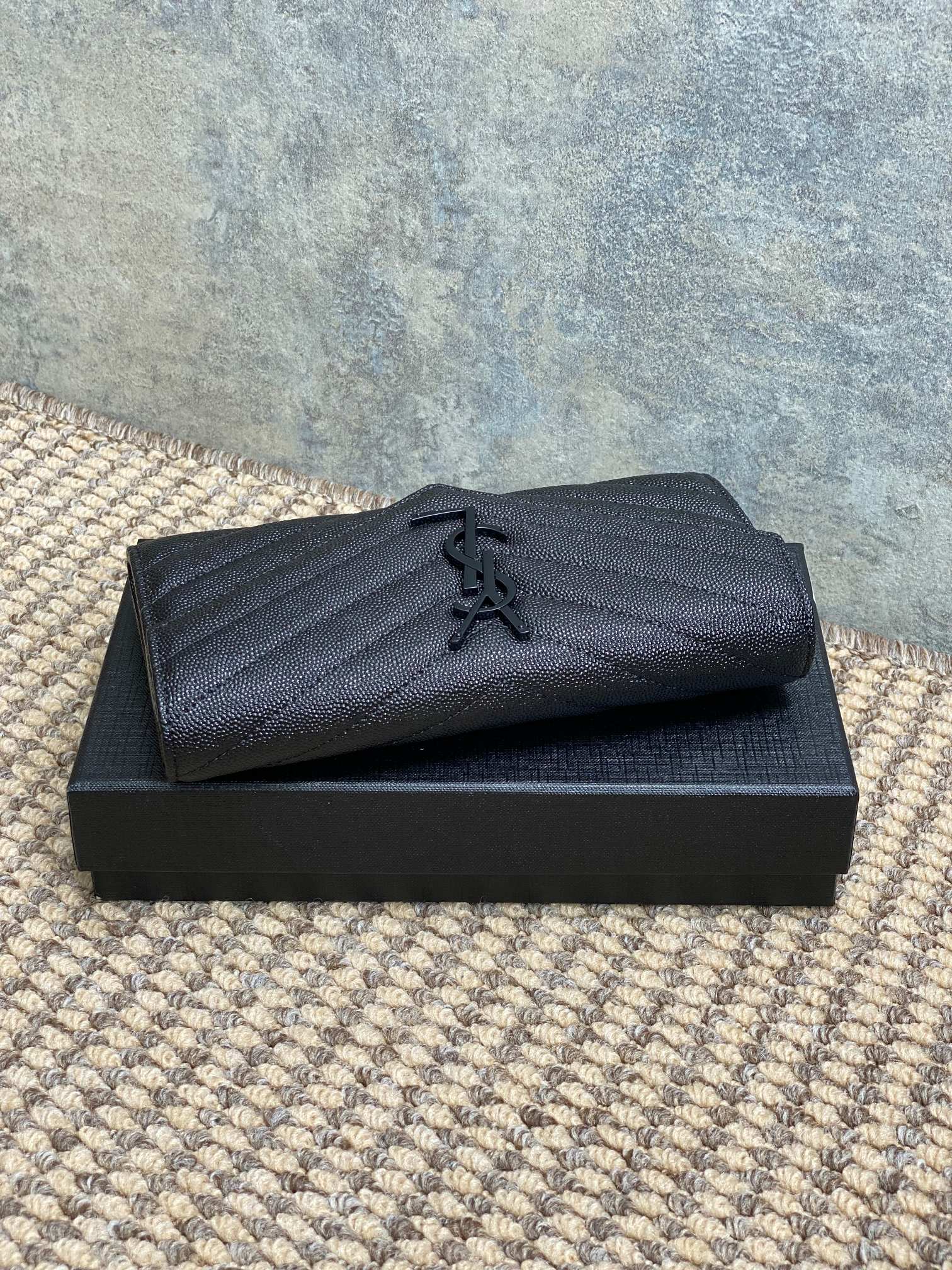 YSL Cassandre Envelope Flap Wallet Full Black Caviar Cowhide
