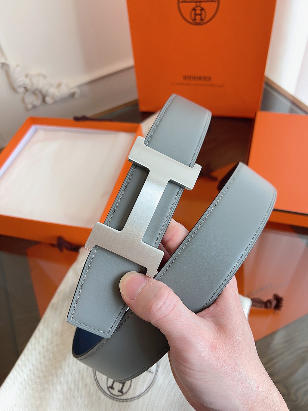 HM Constance Reversible Sliver H Buckle Belt Grey 194333
