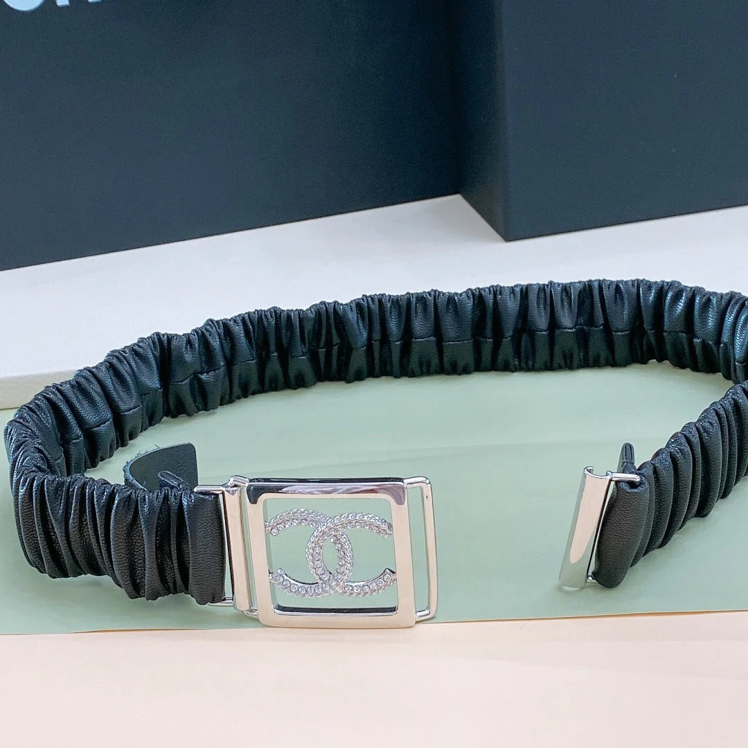 Chanel Rhinestones CC Square Buckle Belt Black Silver in Calfskin 205356