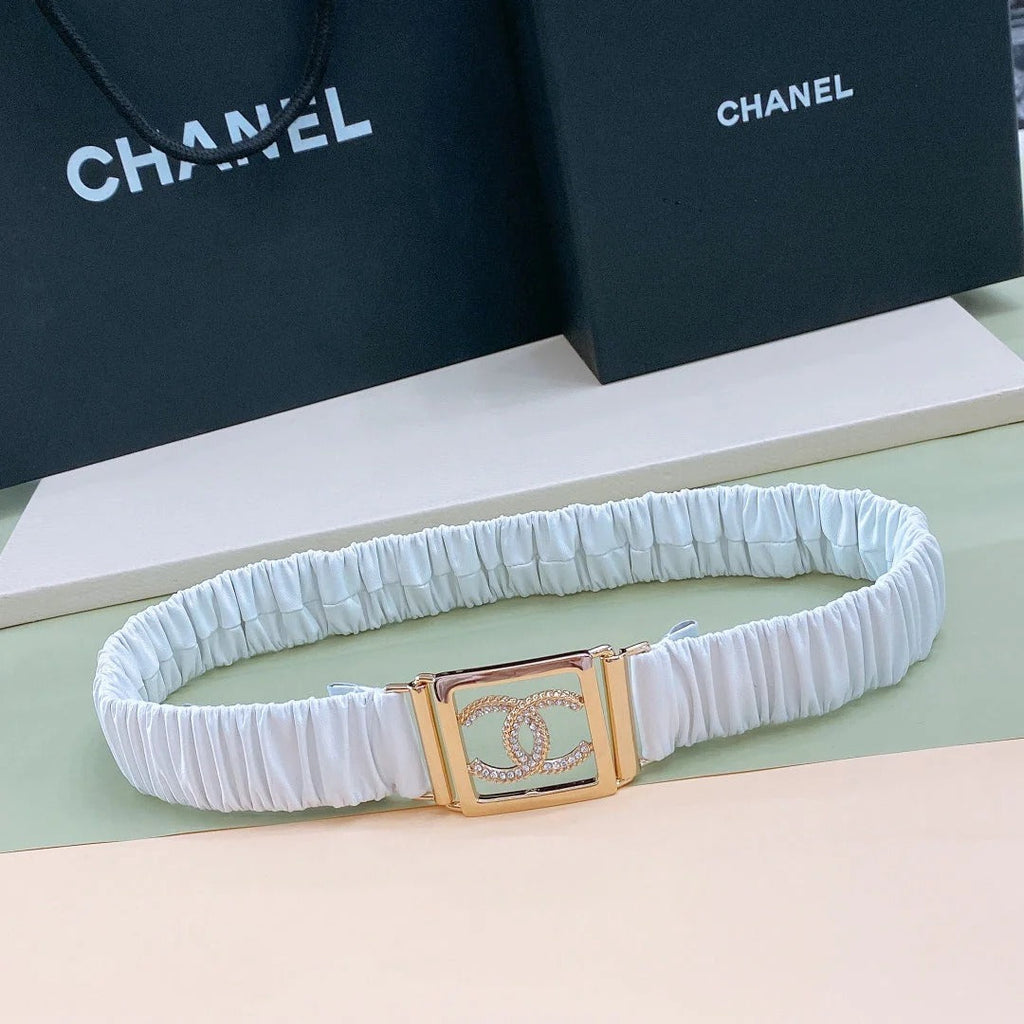 Chanel Rhinestones CC Square Buckle Belt Blue Gold in Calfskin 205354