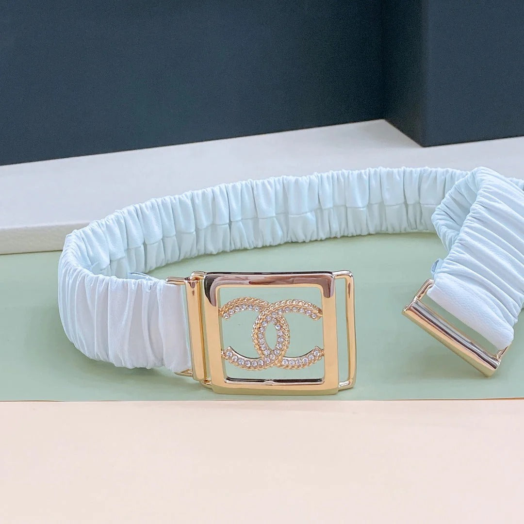 Chanel Rhinestones CC Square Buckle Belt Blue Gold in Calfskin 205354