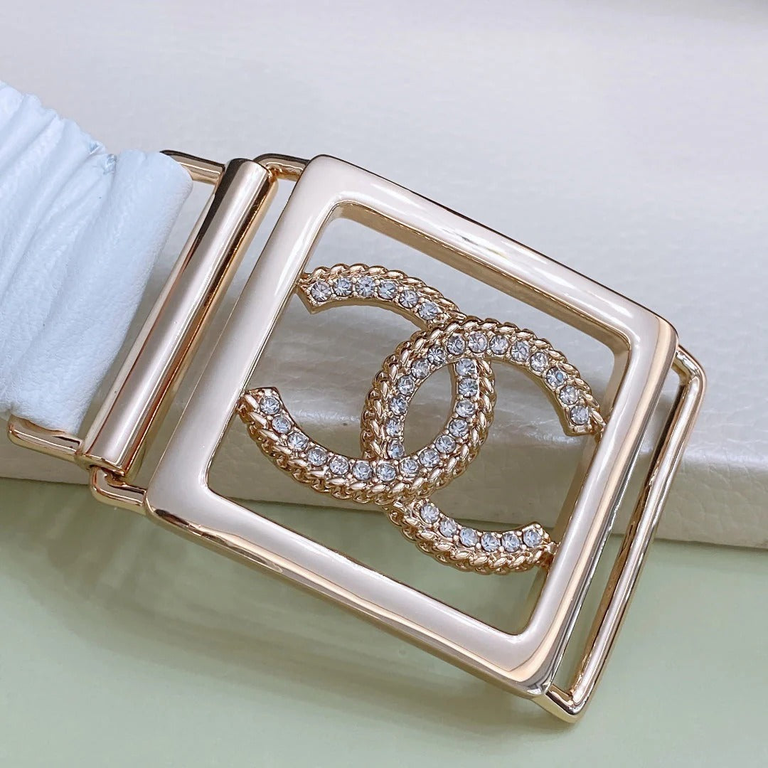 Chanel Rhinestones CC Square Buckle Belt Blue Gold in Calfskin 205354