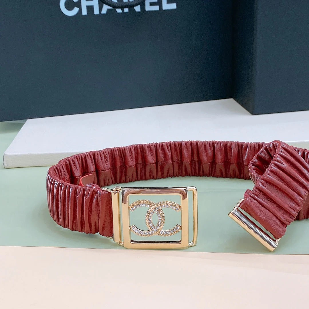Chanel Rhinestones CC Square Buckle Belt Red Gold in Calfskin 205351