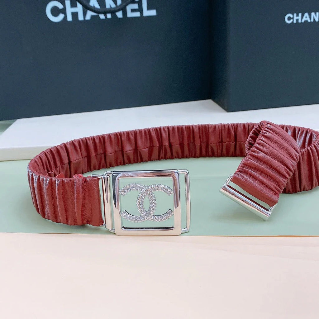 Chanel Rhinestones CC Square Buckle Belt Red Silver in Calfskin 205352