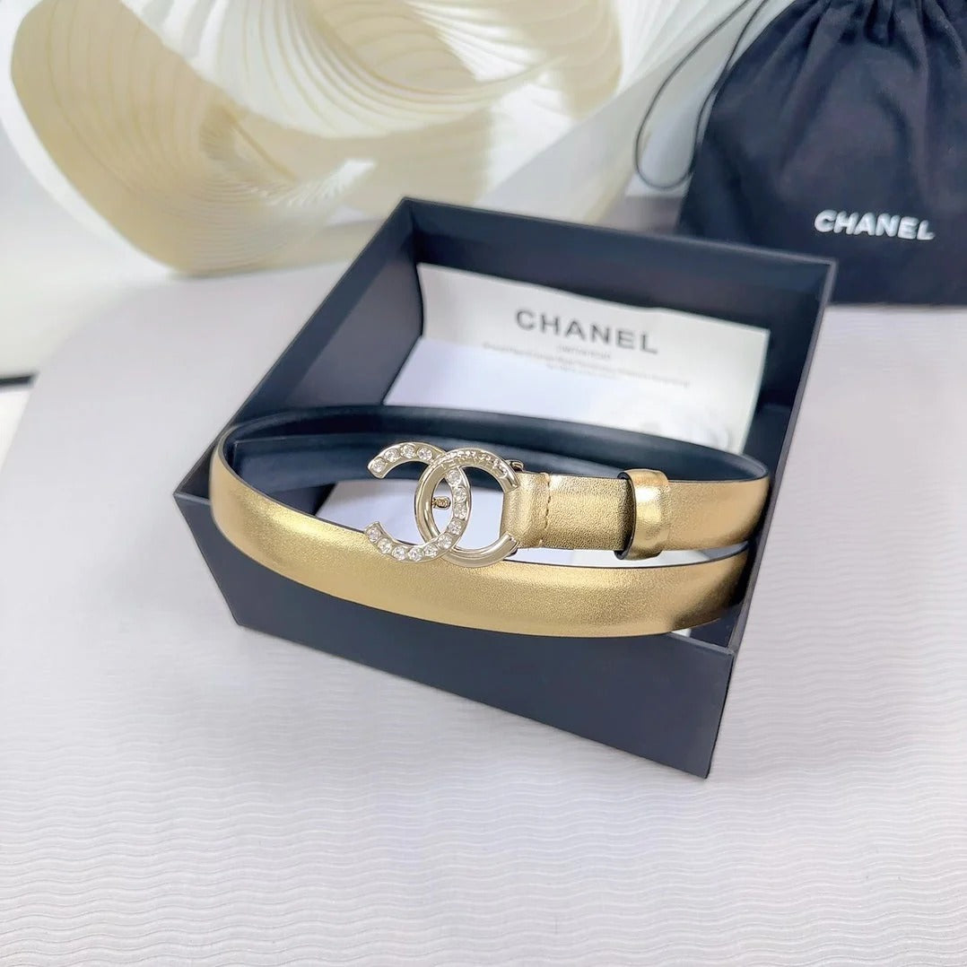 CC BELT 20 MM IN GOLD SMOOTH CALFSKIN GOLD HARDWARE ATTACH RHINSTONE