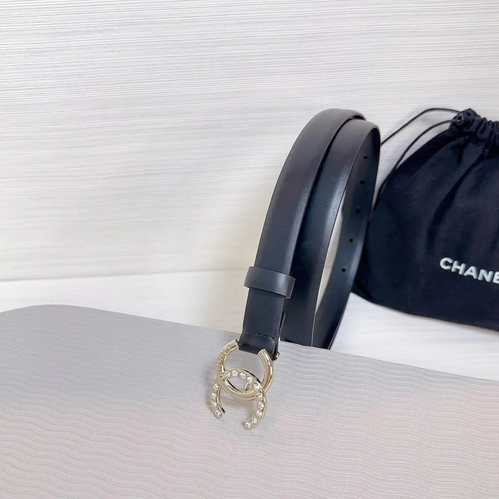 CC BELT 20 MM IN BLACK SMOOTH CALFSKIN GOLD HARDWARE ATTACH RHINSTONE