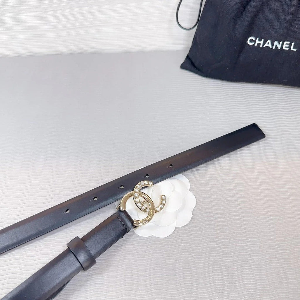 CC BELT 20 MM IN BLACK SMOOTH CALFSKIN GOLD HARDWARE ATTACH RHINSTONE