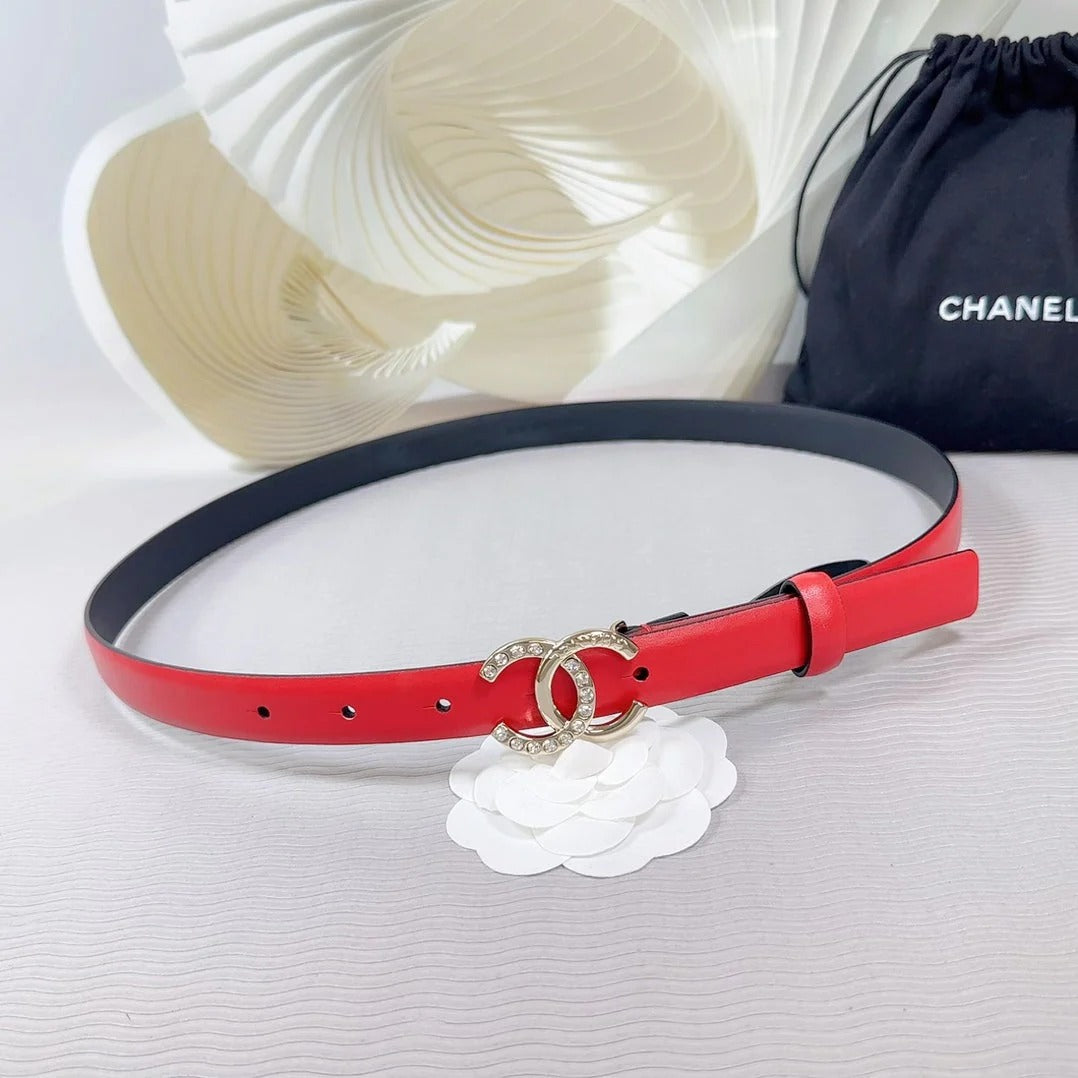CC BELT 20 MM IN CRIMSON RED SMOOTH CALFSKIN GOLD HARDWARE ATTACH RHINSTONE