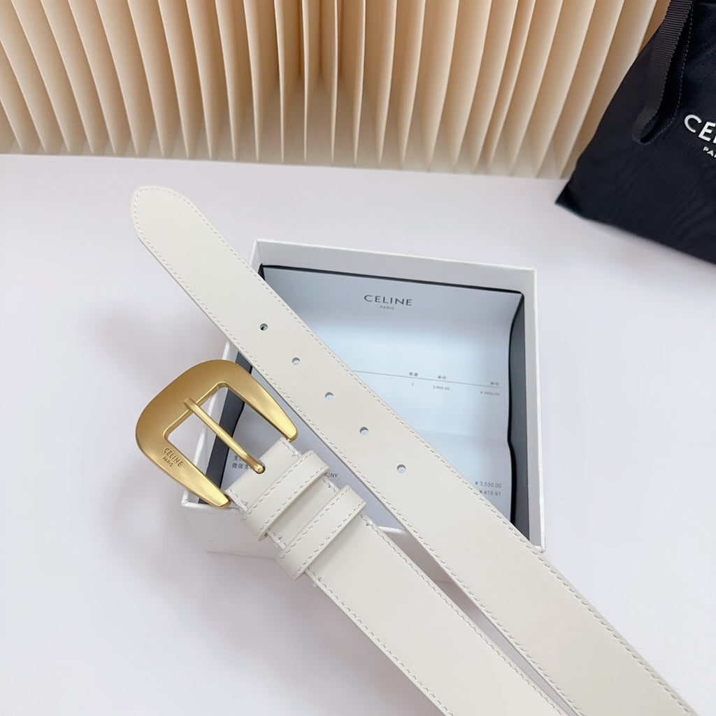 LARGE WESTERN 35 MM BELT WHITE CALFSKIN GOLD HARDWARE