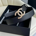 CC BELT 30MM IN BLACK SMOOTH CALFSKIN GOLD HARDWARE ATTACH RHINSTONES