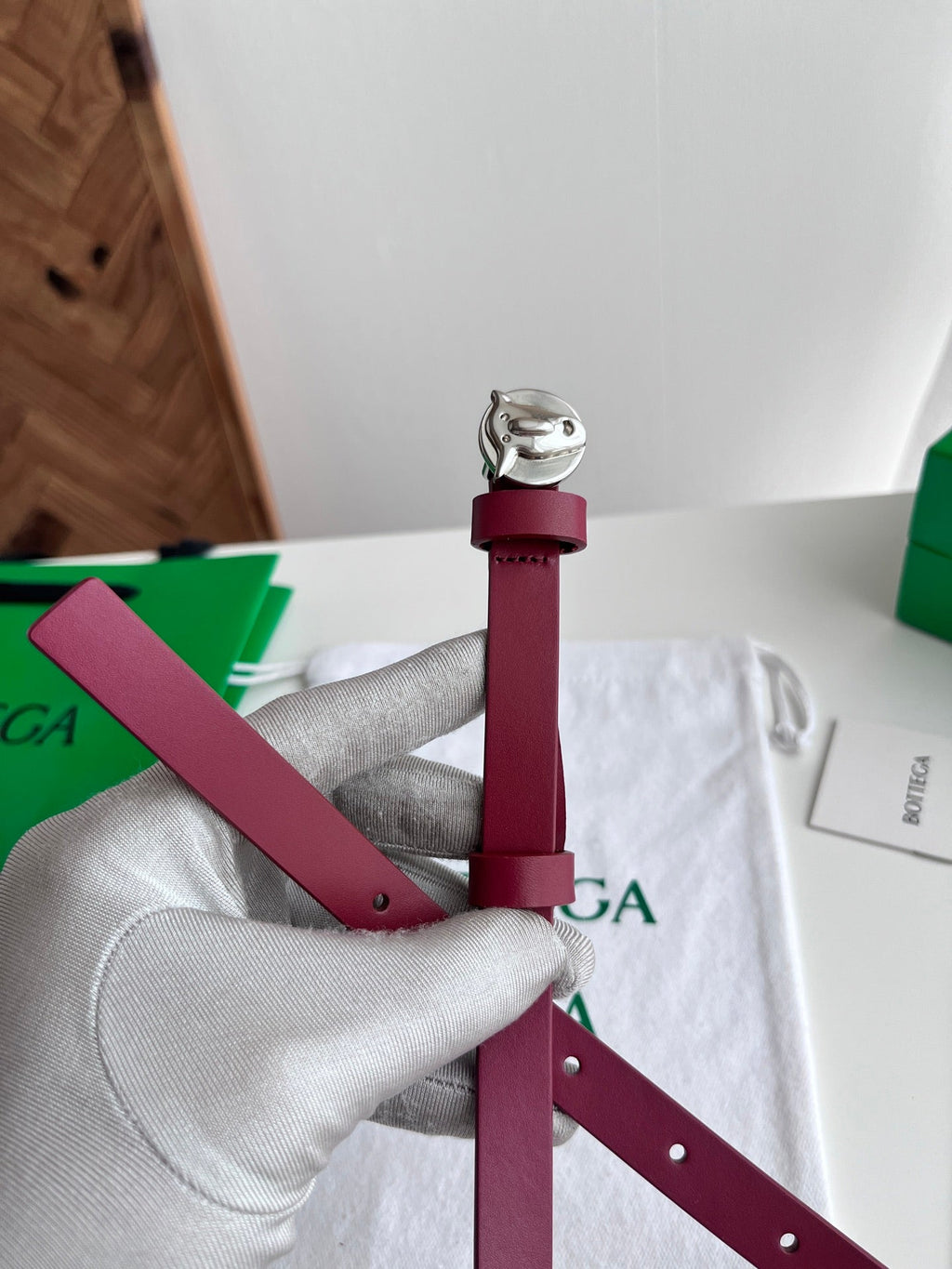 BV Narrow Face Belt 1.5cm Burgundy Sliver Leather 207538