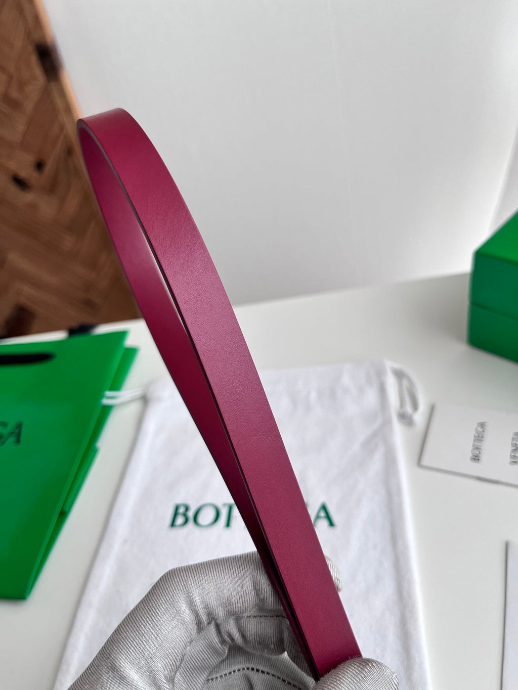 BV Narrow Face Belt 1.5cm Burgundy Sliver Leather 207538