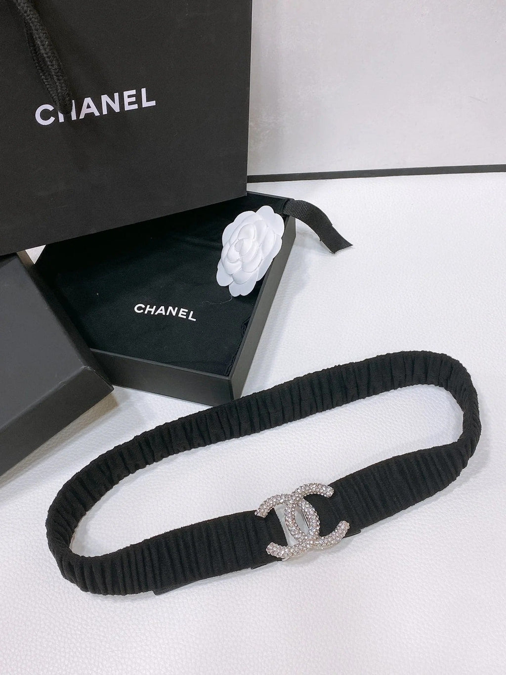 CC ELASTIC BELT 30MM IN BLACK WOOL FABRIC SILVER HARDWARE WITH RHINSTONES