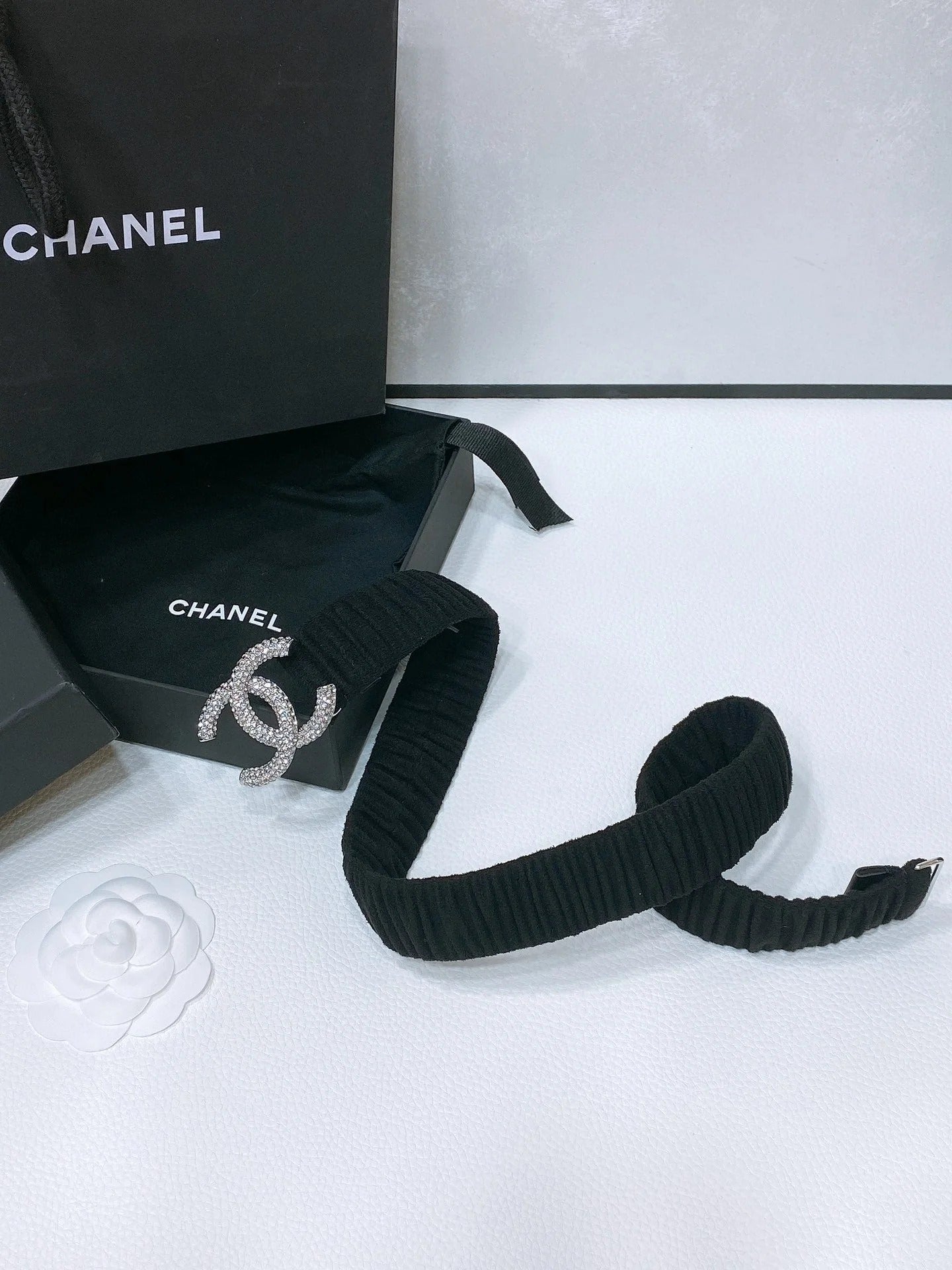 CC ELASTIC BELT 30MM IN BLACK WOOL FABRIC SILVER HARDWARE WITH RHINSTONES