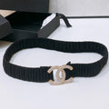 CC ELASTIC BELT 30MM IN BLACK WOOL FABRIC GOLD HARDWARE WITH RHINSTONES