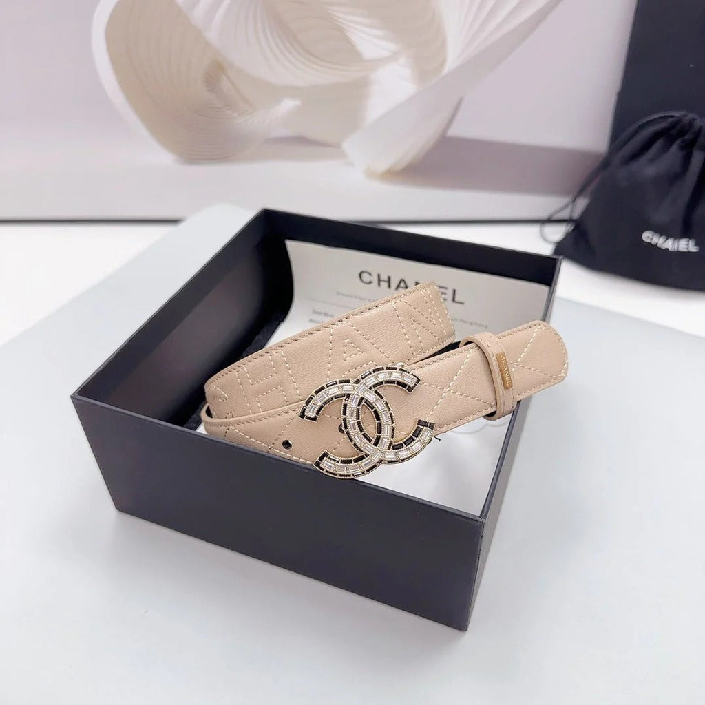 CC 30MM BELT IN BEIGE CREAM EMBROIDERED CALFSKIN METAL HARDWARE